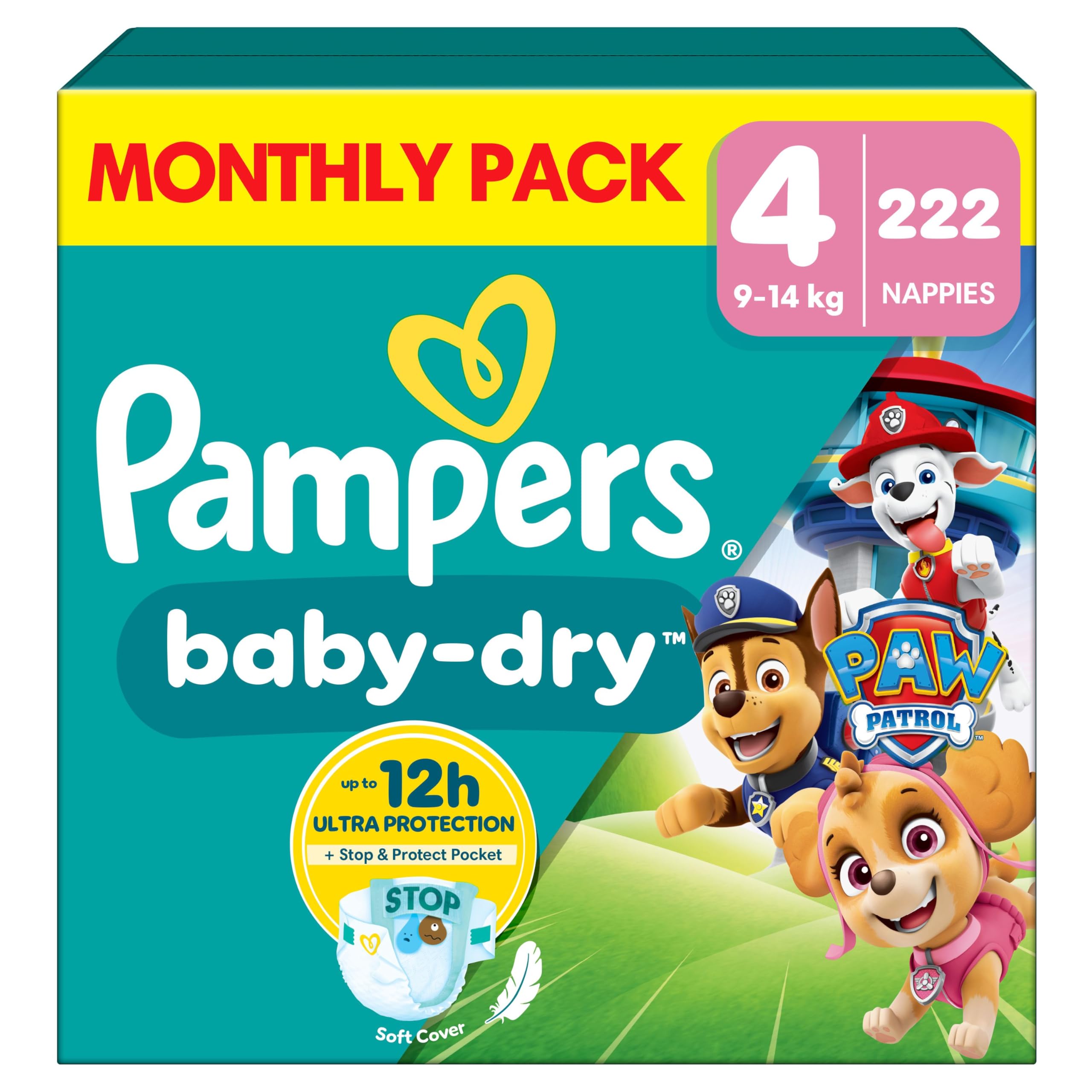 PampersBaby-Dry Paw Patrol Edition Size 4, 222 Nappies, 9kg-14kg, Monthly Pack, Up to a 100% Leak-Free & Comfortable NightThe Forest Stewardship Council
