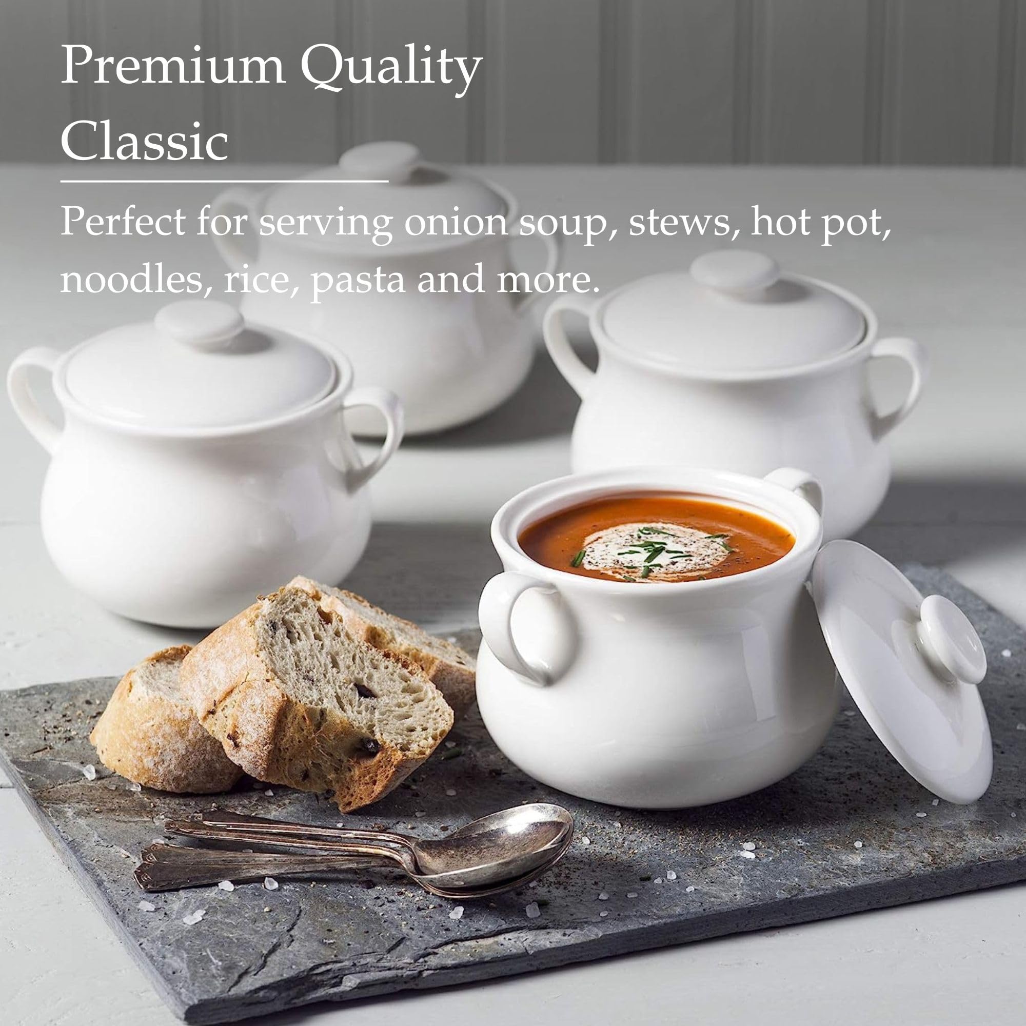 WM Bartleet & Sons 1750 TSET119 Traditionelles Porzellan-Set mit Deckel, einzelne französische Zwiebelsuppe und Eintopfschüssel mit Griffen, 500 ml, Weiß, 4 Stück