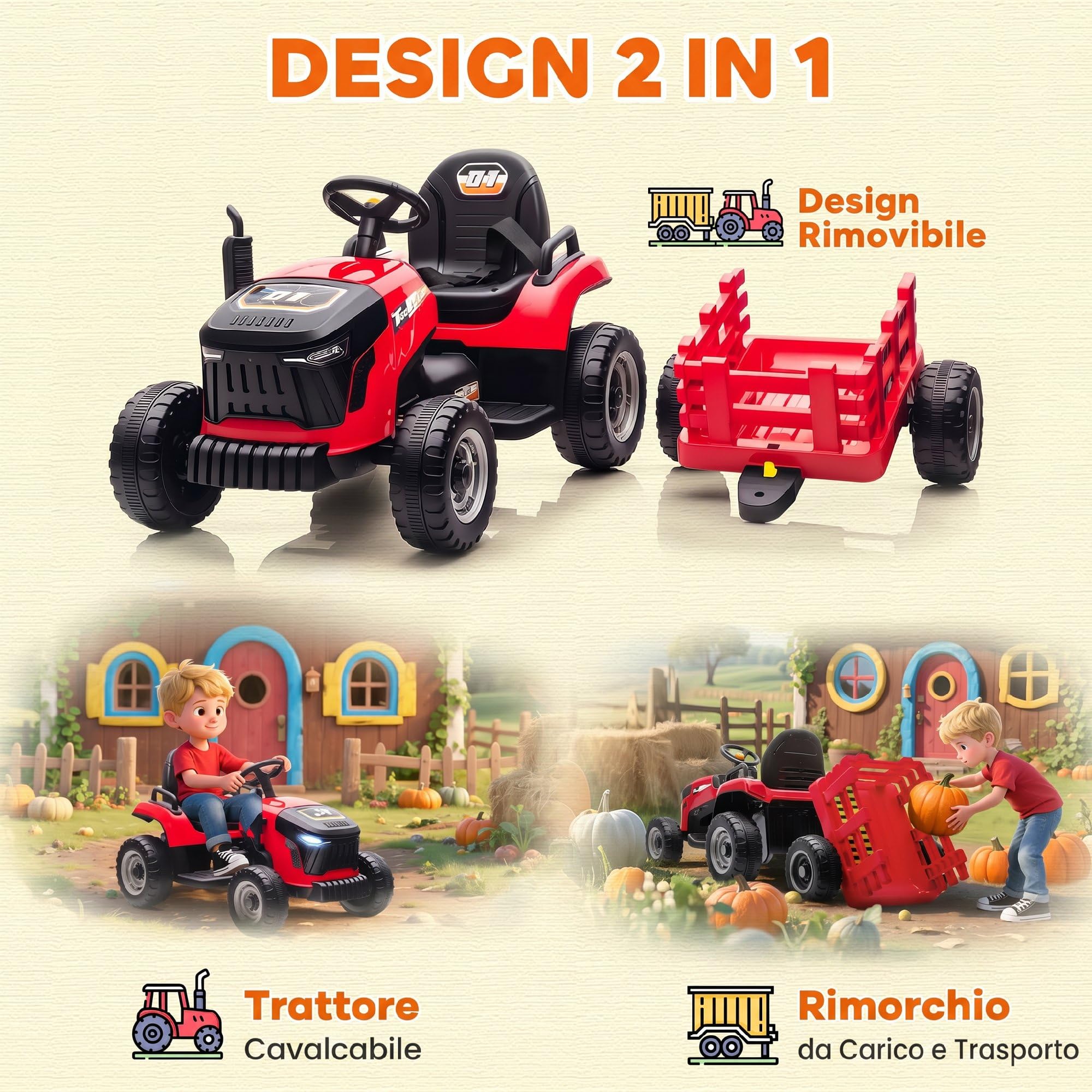 AIYAPLAY 2 in 1 Trattore Elettrico per Bambini 12V con Rimorchio Rosso | 3-8 Anni, Rimorchio Staccabile, Auto Elettrica Cavalcabile per Bambini, Telecomando, Cintura di Sicurezza, Musica, Luci LED
