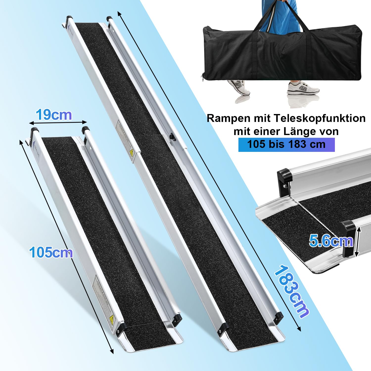 Sonnewelt 2 x 105-183 cm, rampa per sedia a rotelle, in alluminio, fino a 300 kg, rampa per sedia a rotelle, rampa telescopica con borsa in tessuto, rampa per sedia a rotelle, rampa per sedia a