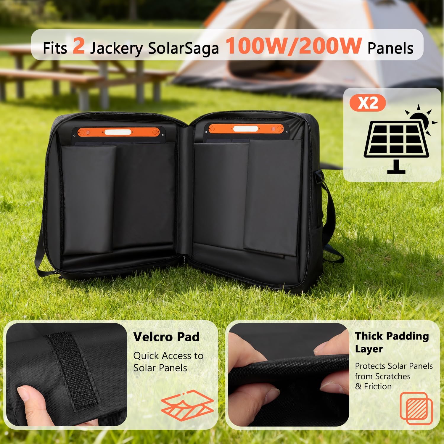 Solar Panel Carrying Case Compatible with Jackery SolarSaga 100W/100X/200W, Padded Case for 2 Battery Panels with Fully Open Design,Multi-Pockets for Accessories,Solar Panel Bag for Camping, Gift Idea