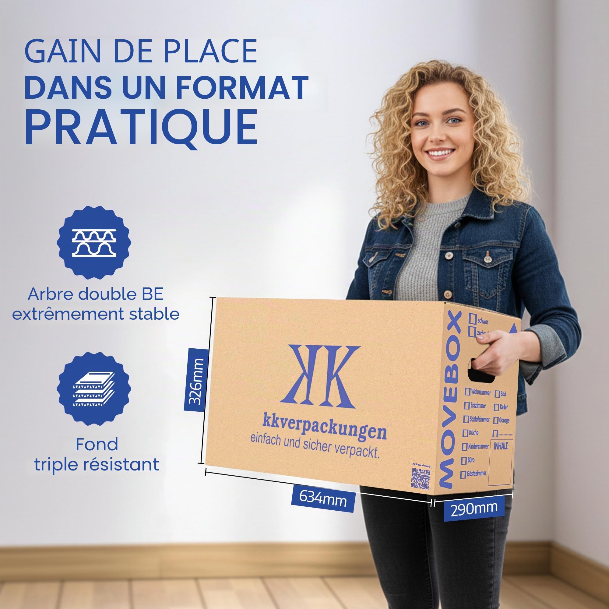 Lot de 20 Boîtes carton de déménagement stockage livres 634 x 290 x 326 mm 40 kg capacité de charge pour expédition avec poignées, rangement et emballage, réutilisables
