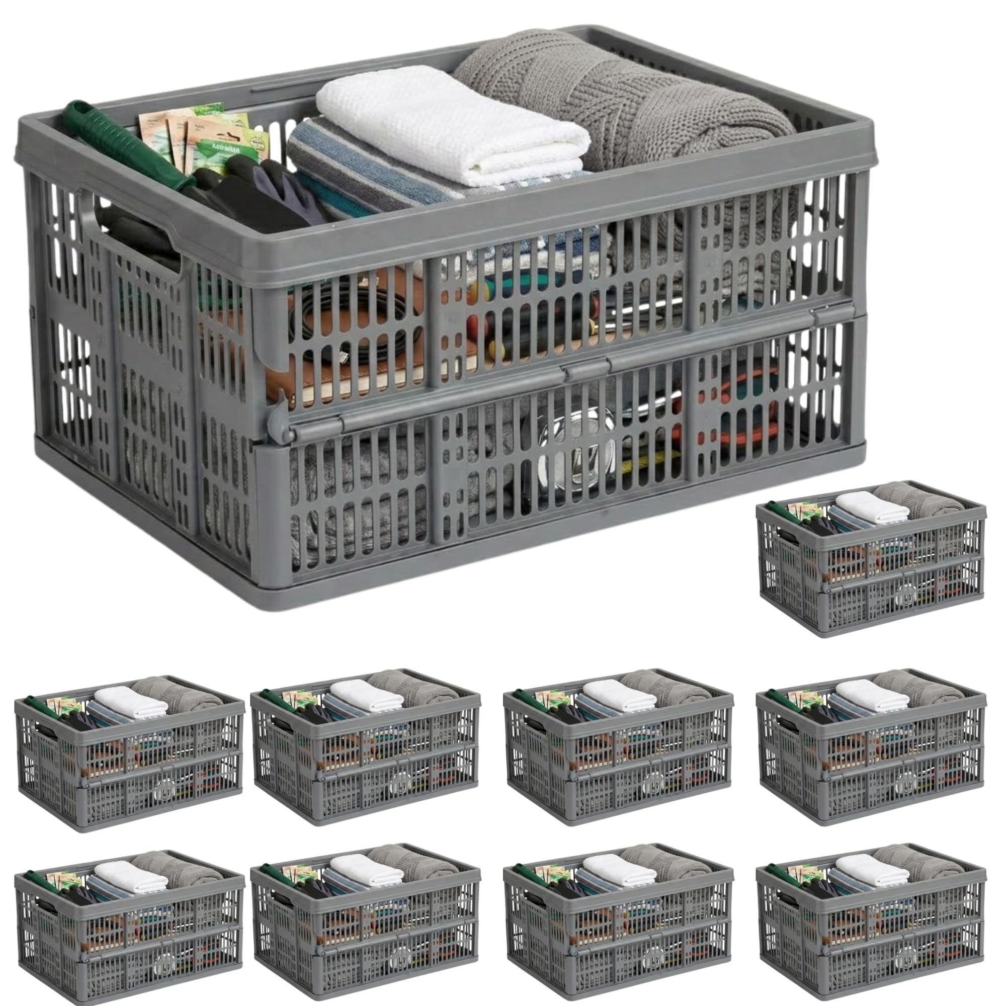 ALEEZ 32 Litre Folding Collapsible Plastic Storage Crates - Grey Heavy Duty Stackable Basket With Handles - Space Saving Foldable Basket for Clothes Vegetables Fruits Garage Organizer (10x 32L Grey)