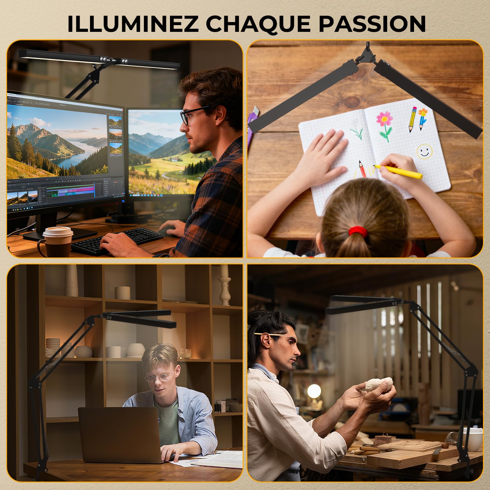 Lustaled 20W 2000LM Lampe de Bureau LED Pince Double Tête Dimmable | 3 Couleurs & 10 Luminosités, Protection des Yeux, Noir Lampe Bureau Puissante avec Prise pour Architecte, Ecran PC, Dessin