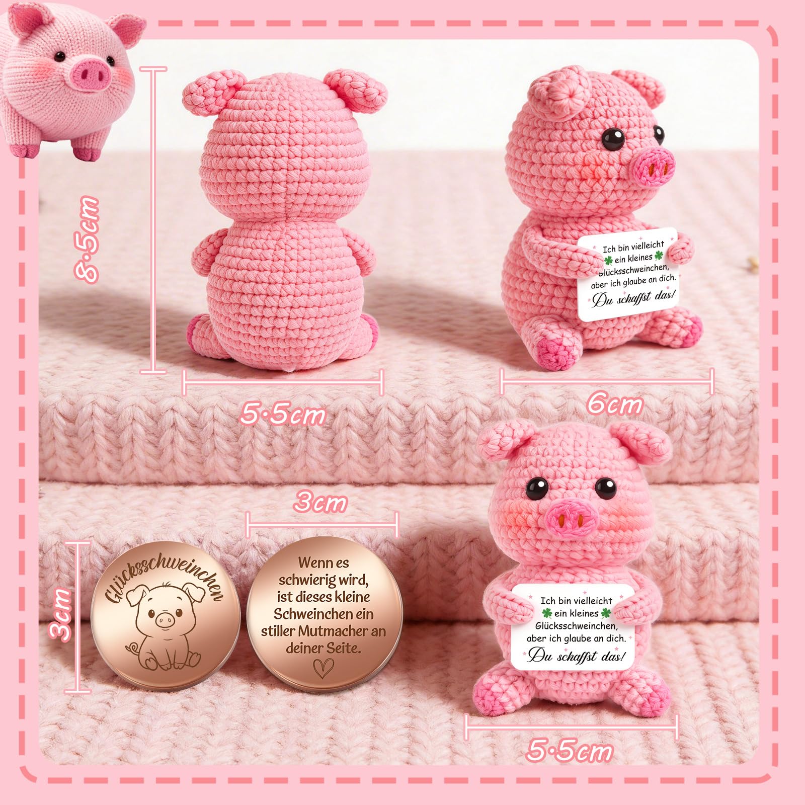 Giftota Pocket Hug Glücksschweinchen - Handgehäkelter Positive Schwein mit Glücksmünze & Lederetui - Gute Besserung Geschenk - Lustige Mutmacher Geburtstag Geschenkidee für Beste Freundin Schwester - 3