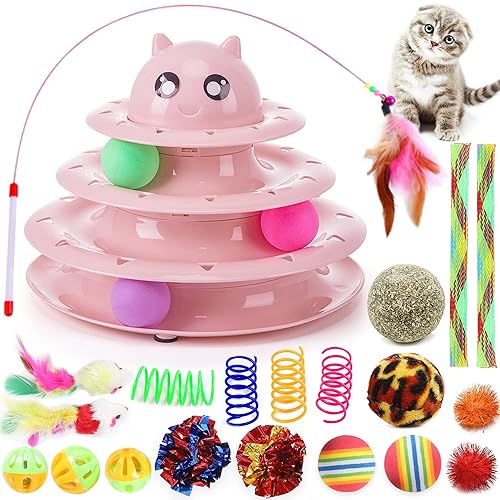 Suhaco 21 Pack Cat Toys for Indoor Cats Interactive Kitten Toy Fun Roller 3 Level Cats Ball Toys with Catnip Ball Self Play Cat Feather Wand Kitty Toy for Boredom (Pink) - 21 Pack Pink