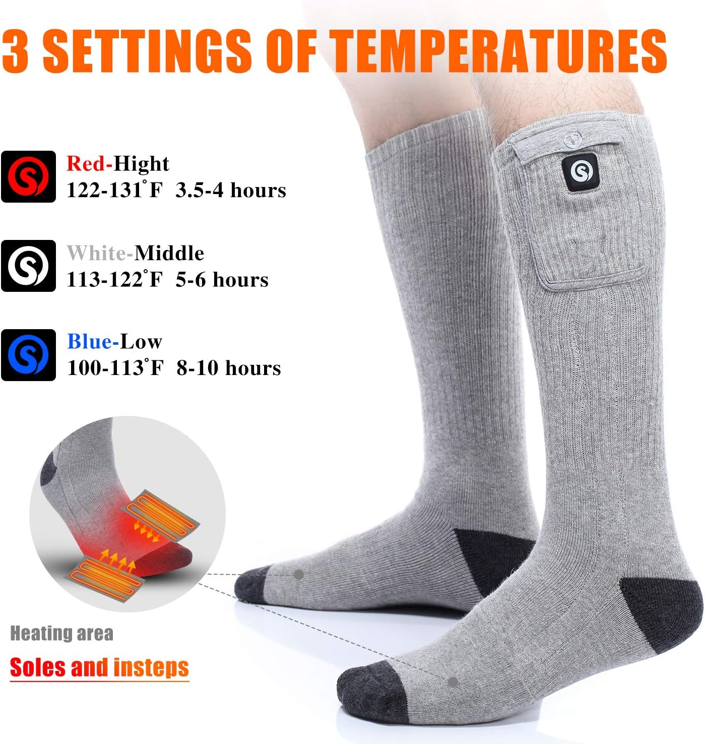 Heated Socks for Men Women, Electric Socks with 7.4V 2200mAh Rechargeable Battery Foot Warmers for Winter Sports Snow Ski Hunting Camping Hiking Riding (Grey, M) - Image 2