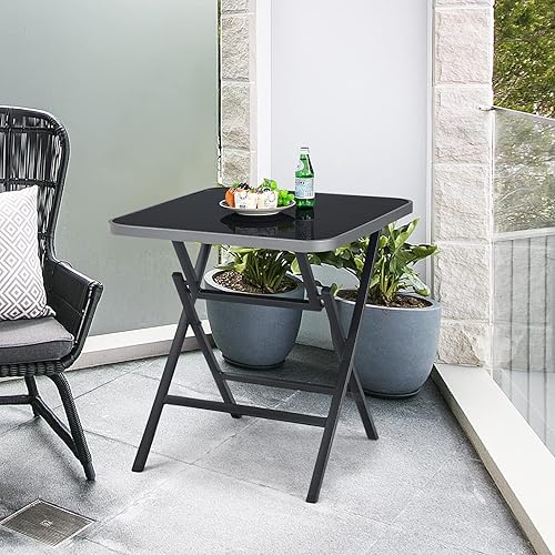 Miniatura 2 de HAPPYGRILL Mesa de patio plegable de aluminio, mesa de comedor cuadrada portátil con mesa de vidrio templado, mesa auxiliar de café resistente al