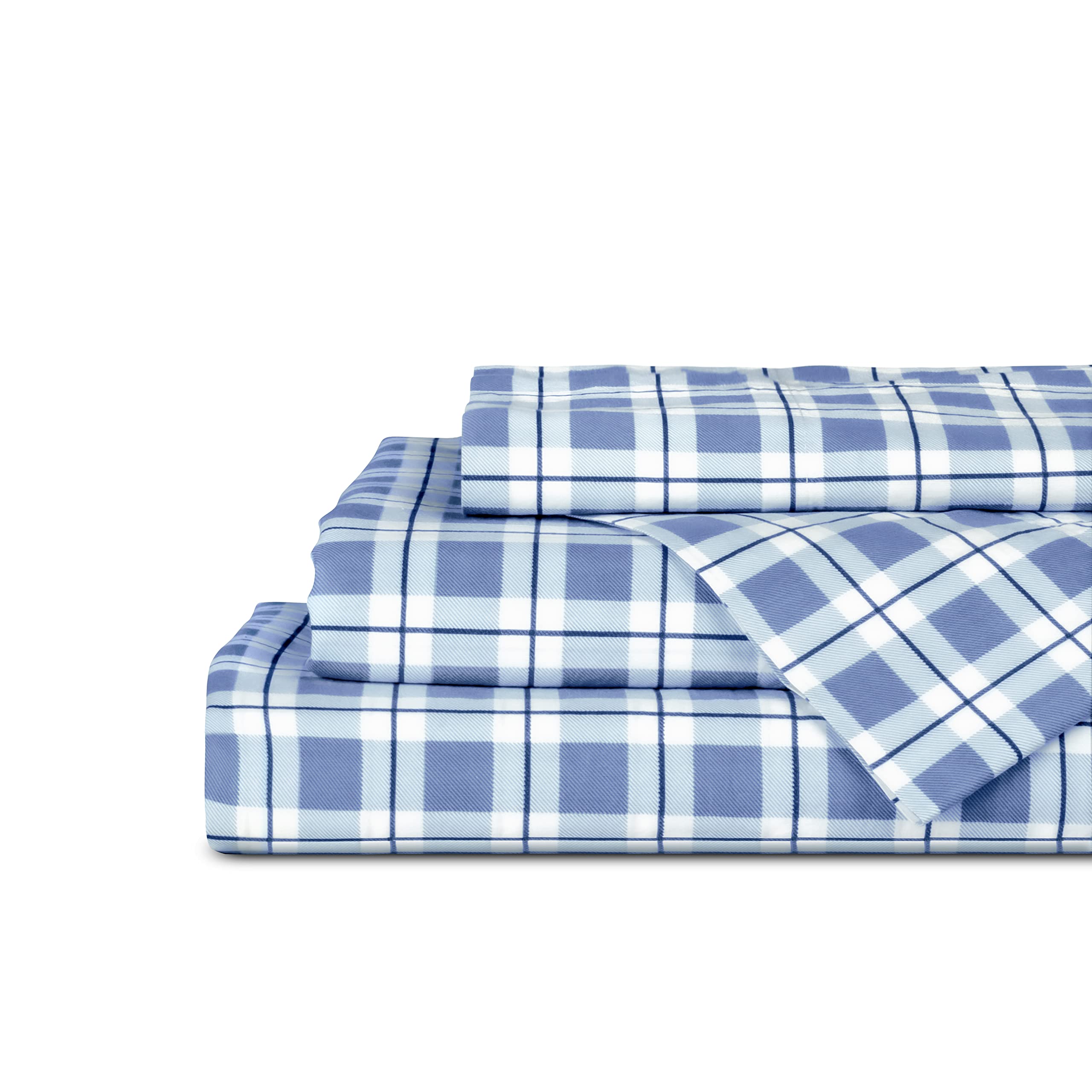 Linen Home Cotton Lyocell Blend Percale Sheet Set Full Size - 4 Piece Deep Pocket Bedding, Pre-Washed &amp; Shrunk, Crisp Cooling Fabric, Fade-Resistant, Hotel Luxury, Wrinkle-Free - Checks Denim Blue