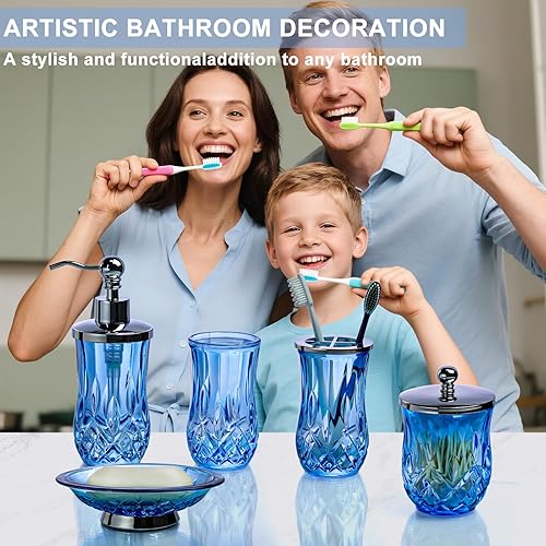 Miniatura 2 de Juego de 5 accesorios de baño azules y plateados con dispensador de jabón de loción, jabonera, soporte para cepillos de dientes, vaso de baño,