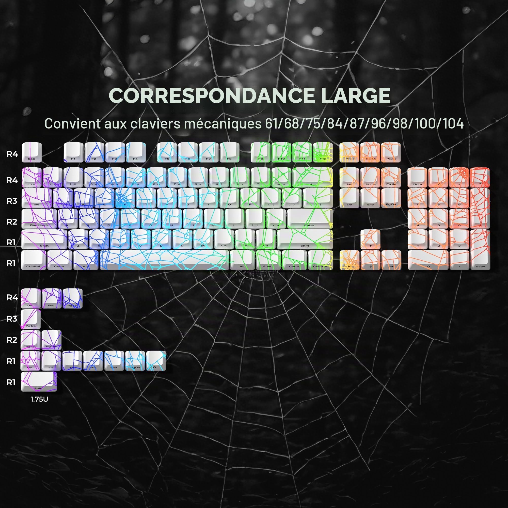 HITIME XVX Shine Through Keycaps w/IMD Tech, Custom Spider Web Keycaps 60 75 100%, Touches Blanches rétroéclairées, Profil OEM côté imprimé pour claviers
