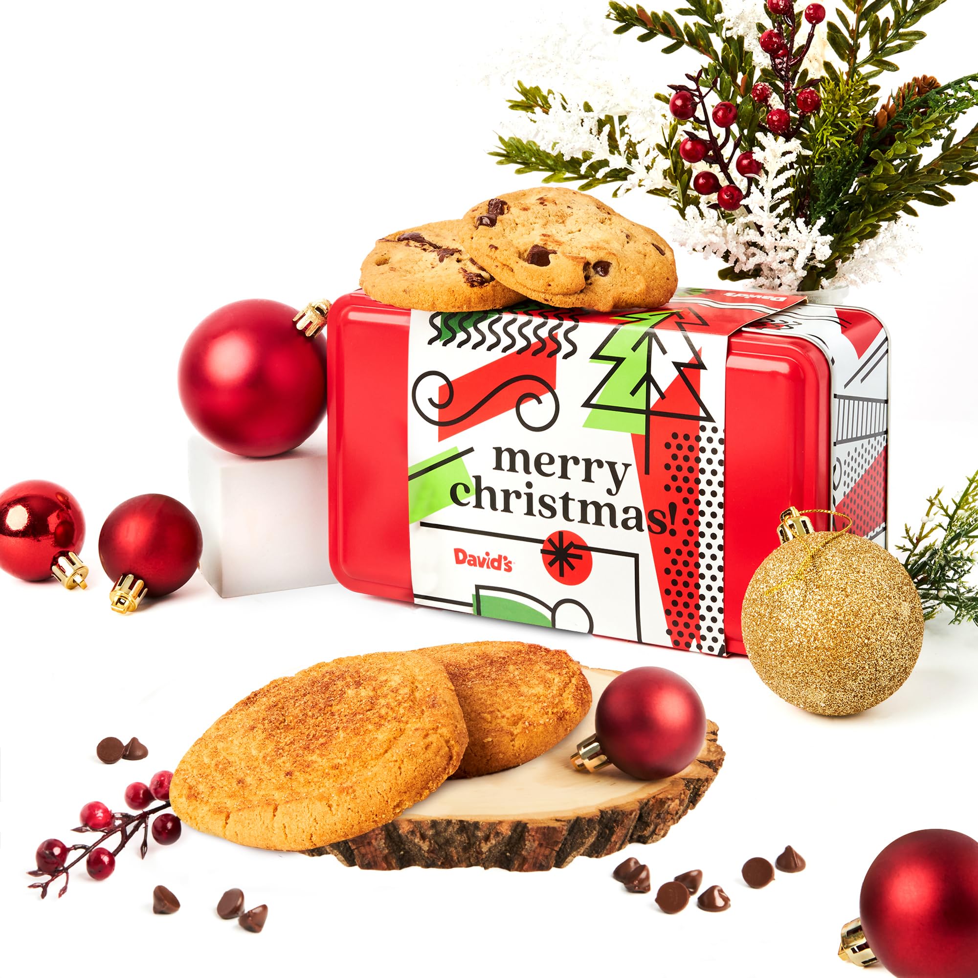 David's COOKIESMerry Christmas Gluten-Free Cookies in Sweet Sampler Tin - 4pcs Gourmet Fresh Baked Cookie Snacks - Delicious Variety of Flavors, Chocolate Chip and Snickerdoodle - Cookie Gift Box For Holidays