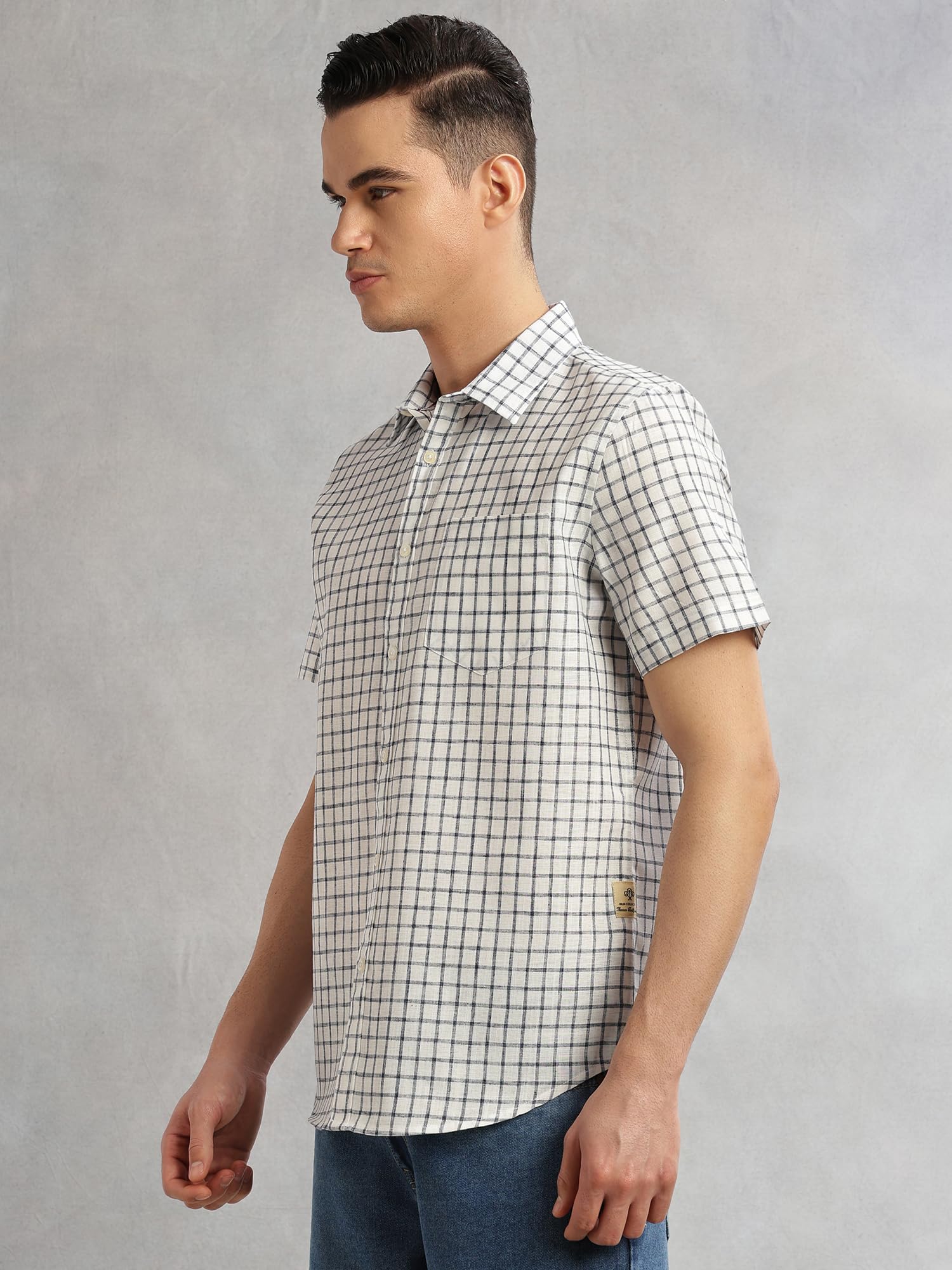 Thomas Scott Camicia da uomo a quadri, mezza manica, vestibilità aderente, misto lino, collo largo, camicia casual