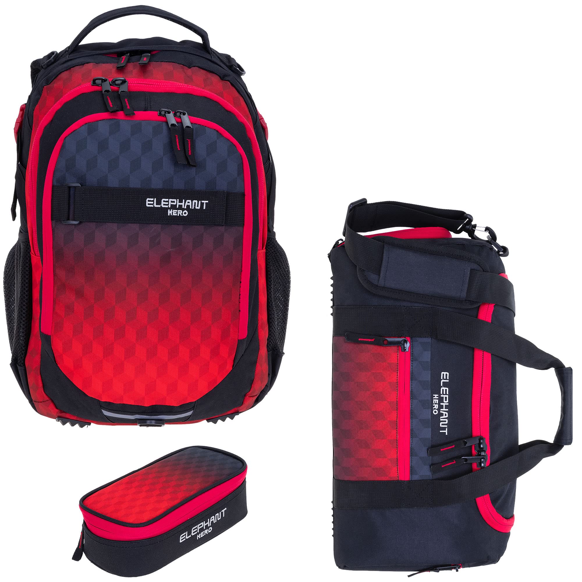 Elephant Schulrucksack Rucksack 3tlg.Set 12868 Red Cube +rsm | 3 Teile Bag Pack Rucksack Schultasche Sporttasche Mäppchen Box Schule Jungen Mädchen Laptopfach Rot Schwarz