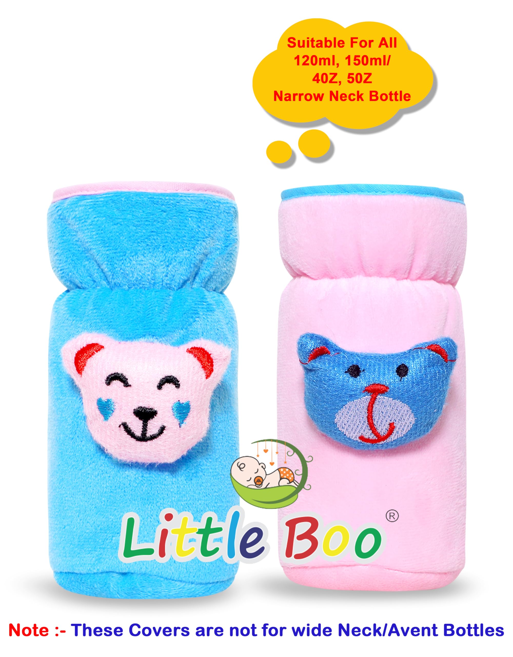 Little Boo Soft Plush Stretchable Baby Feeding Bottle Cover with Easy to Hold Strap | Cute Design Valvet Pack of 2 (Blue and Pink,Narrow Neck Fits Upto 150ml) - Image 3 thumbnail