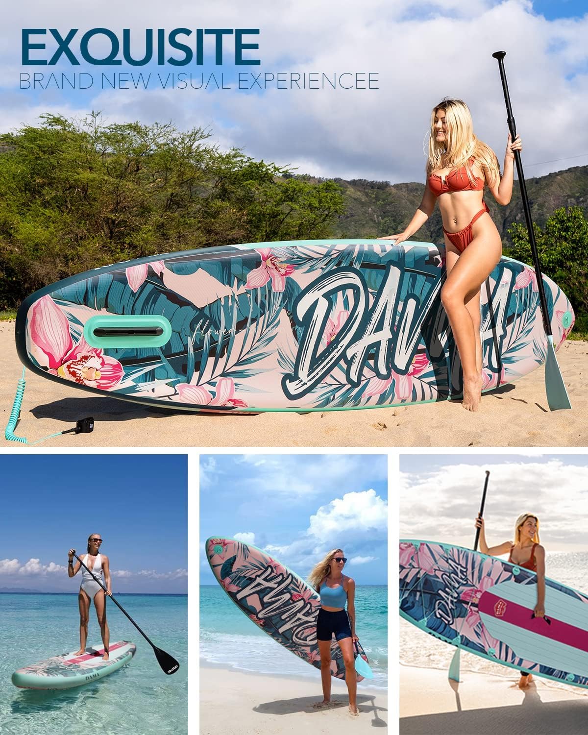DAMA Light Flower Tabla de Paddle Surf Hinchable, Sup Paddle Board Inflable 320 x 81 x 15 cm, Antideslizante, hasta 145 kg, Remo Doble, Bomba, Mochila, Correa de Seguridad y Bolsa Estanca 5 L