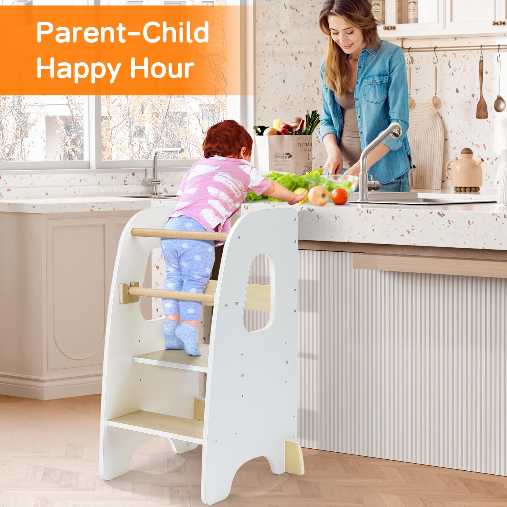 Ezebaby Taburete para niños pequeños, taburete de cocina ajustable, taburete de entrenamiento para niños, para encimera de cocina, fregadero de baño, con riel de seguridad, patas antideslizantes,