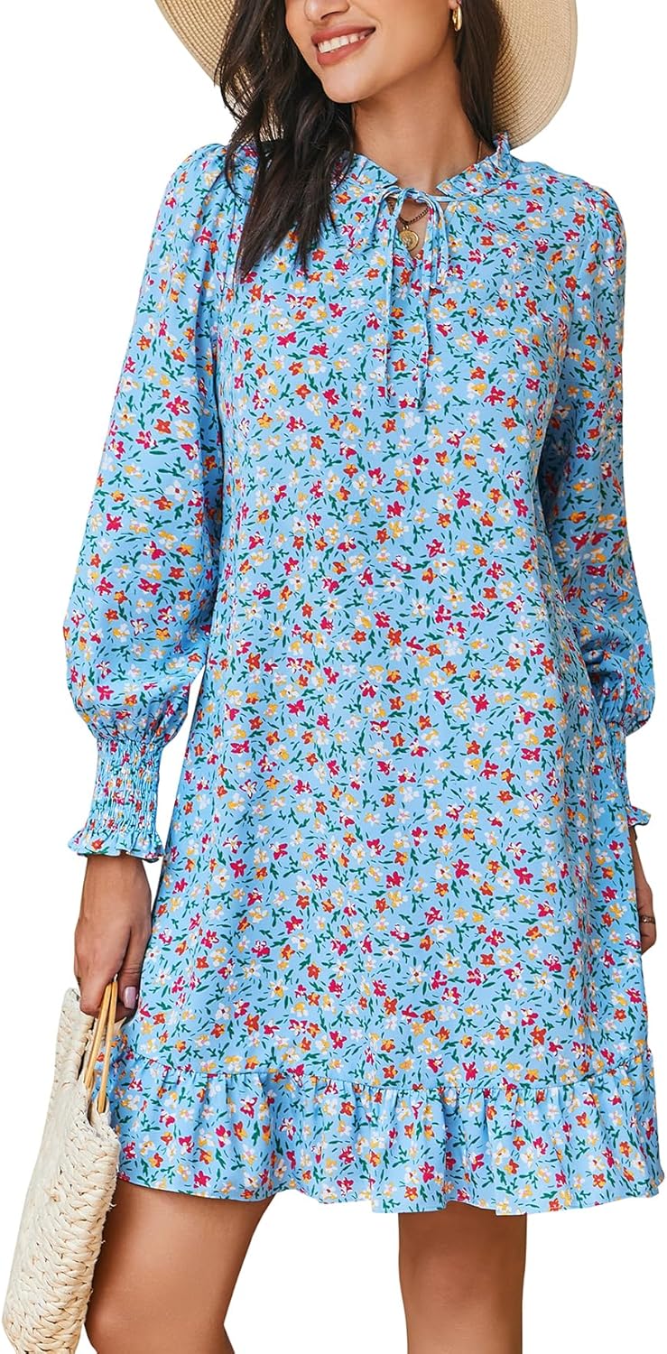KIFOVEN Women's Long Sleeve Ruffle Floral Print Tie Neckline Smocked Flowy Mini Dress