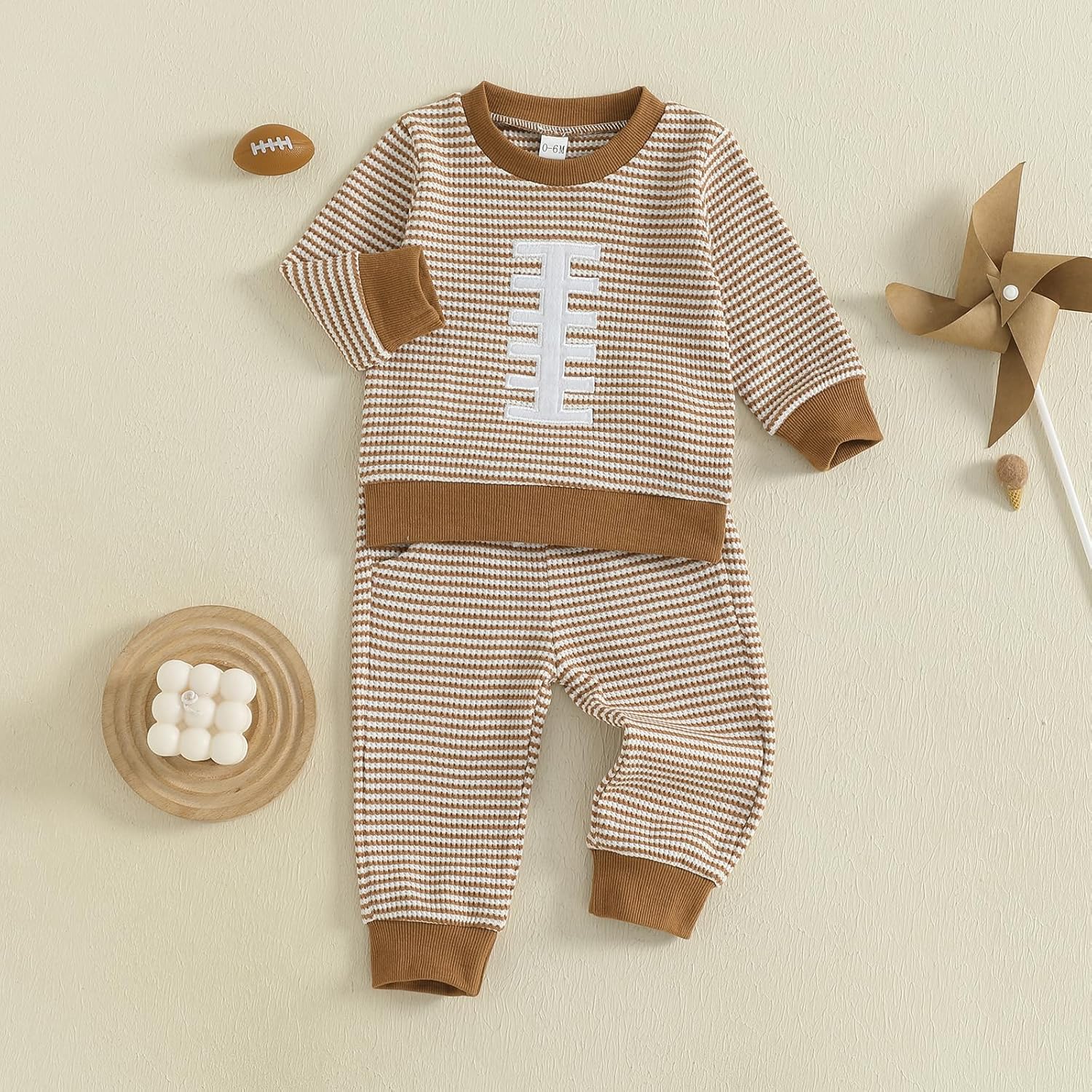 Football Baby Boy Clothes Football Embroidery Waffle Stripe Long Sleeve Sweatshirt Jogger Pants Fall Winter Outfits - Image 4