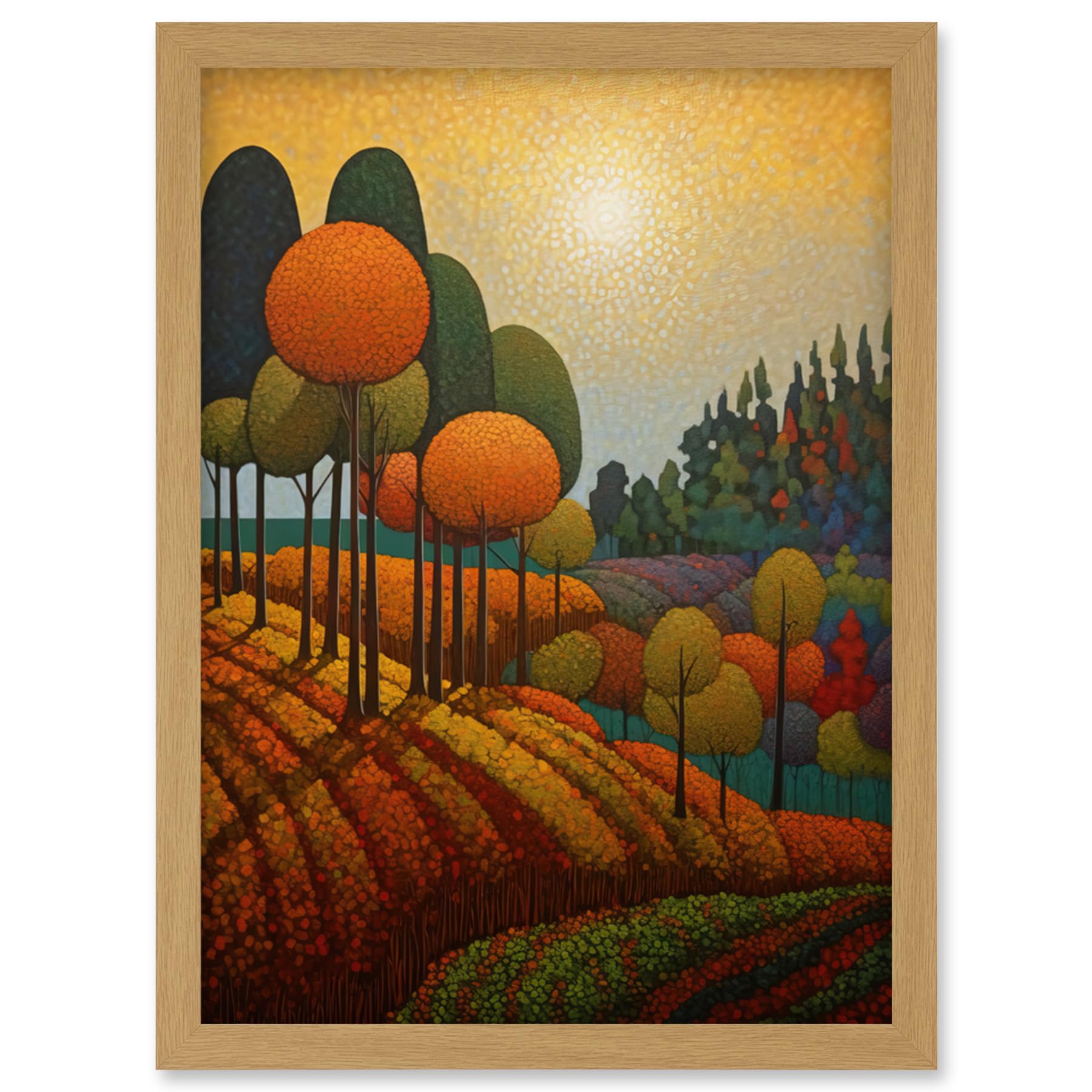 Artery8 Autumn Fields Pointillism Painting Amber Orange Green Countryside Landscape Artwork Framed Wall Art Print A4