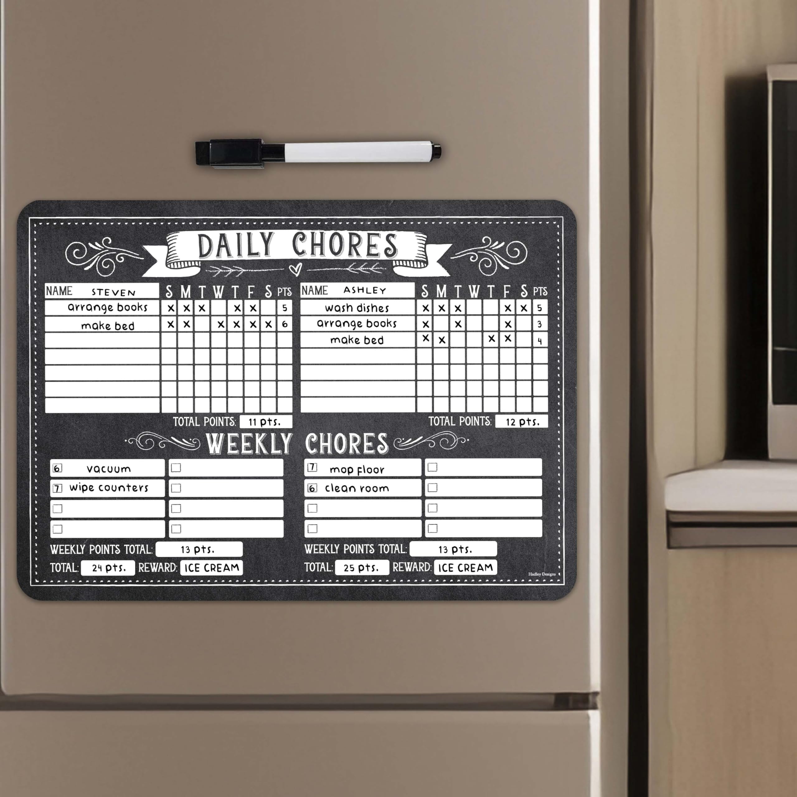 Hadley Designs Magnetic Chore Chart for Kids Multiple - Chores Board for Refrigerator, Dry Erase Task Chart for 2 Kids Daily Behavior, Family Weekly