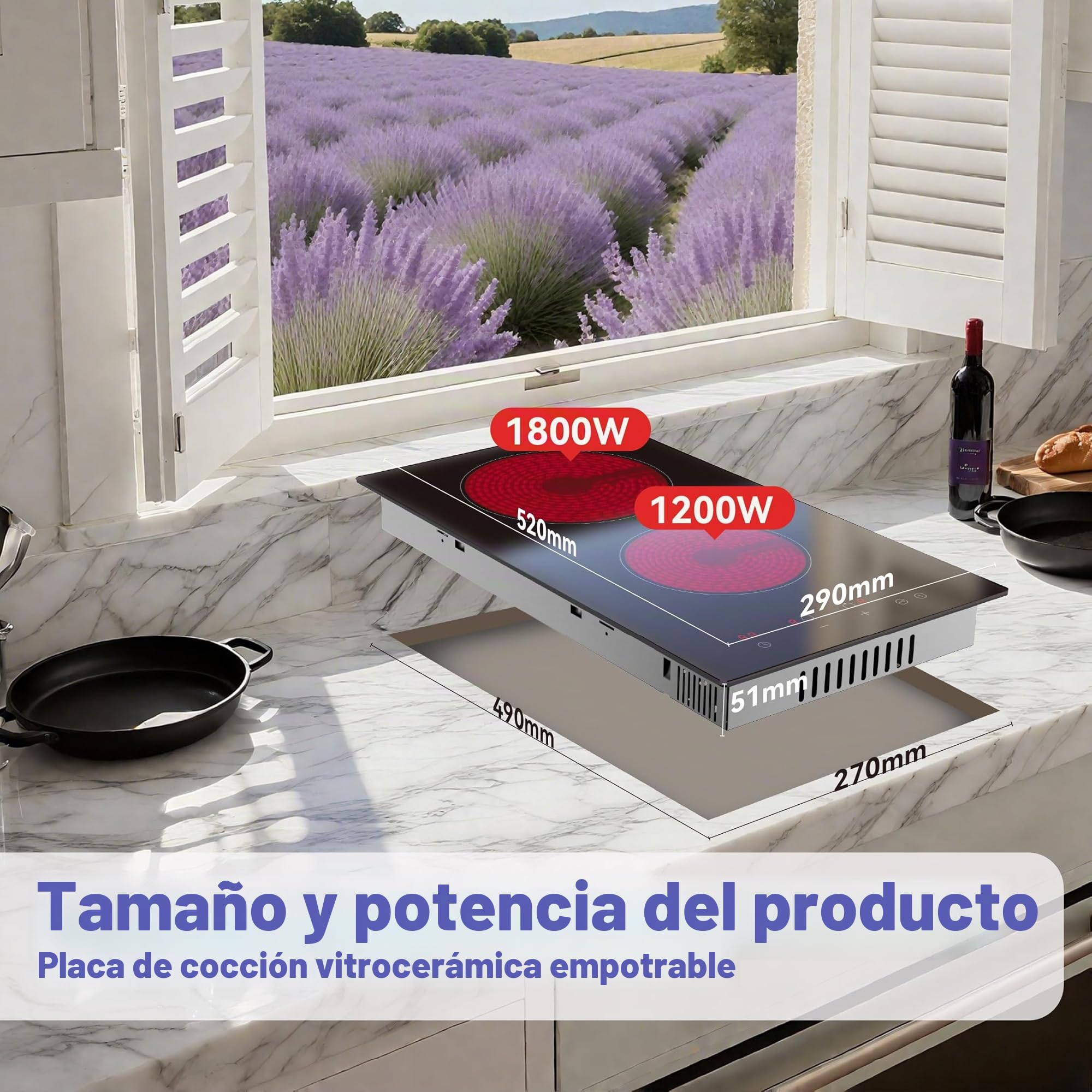 Placa Vitrocerámica 2 fuegos STARCHARTS, 52x29cm 3000W, placa de cocción eléctrica con control táctil, 9 niveles de potencia, temporizador 99 min, bloqueo para niños