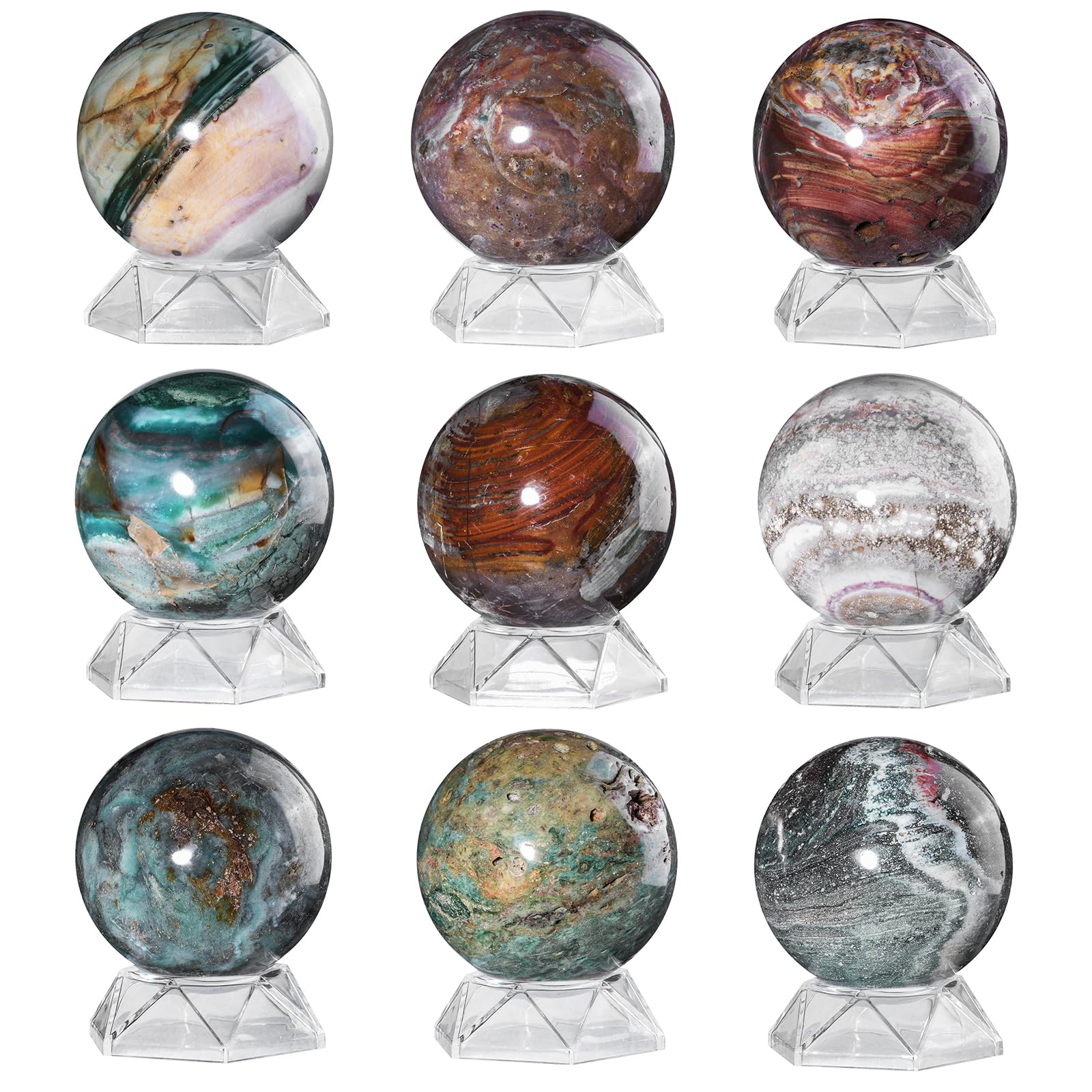 Nupuyai Sfera di cristallo di diaspro oceano con supporto in acrilico, scrying meditazione Feng Shui pietra di cristallo scultura decorazione casa ufficio 71-80 mm