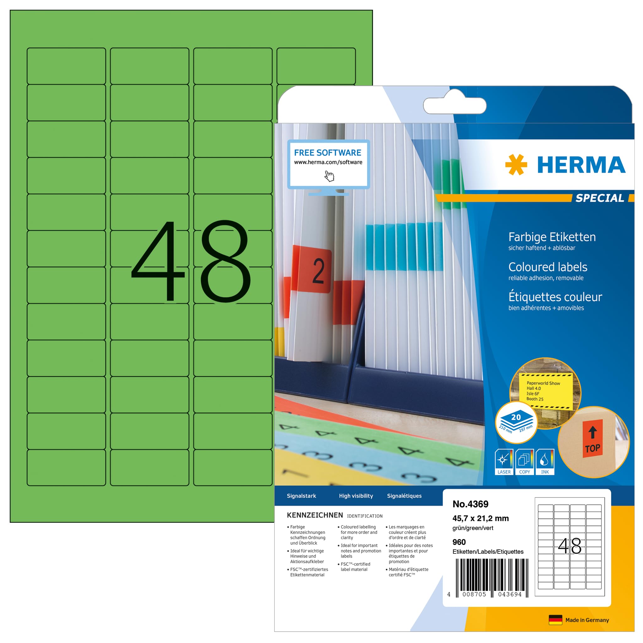 HERMA Self Adhesive Coloured Labels - 48 per A4 Sheet, 20 Sheets, 45.7 x 21.2 mm, 960 Total, Removable Stickers for Laser & Inkjet Printers, Green