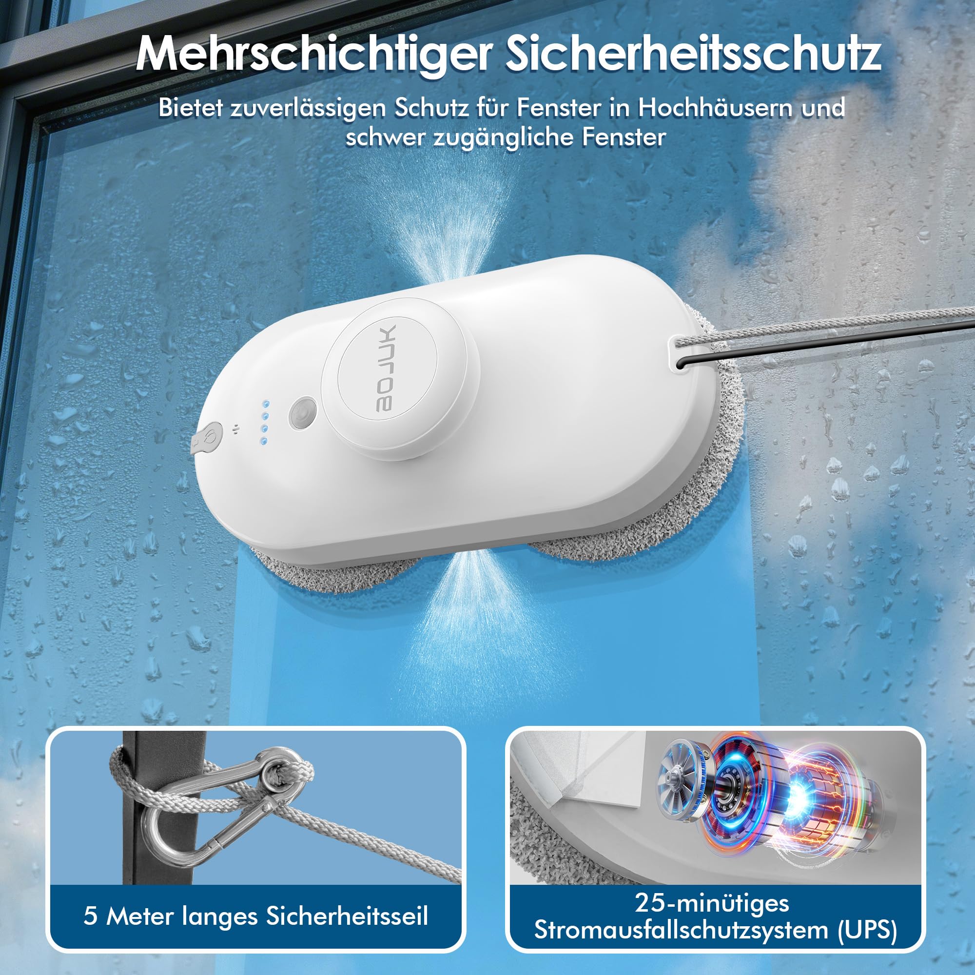 Fensterputzroboter, 5000Pa Fensterroboter, Dual-Sprühsystem, 100ml Tank, Intelligente Navigation, 3 Modi, Kantenerkennung, UPS, lückenlose Reinigung für Glas & rahmenlose Fenster