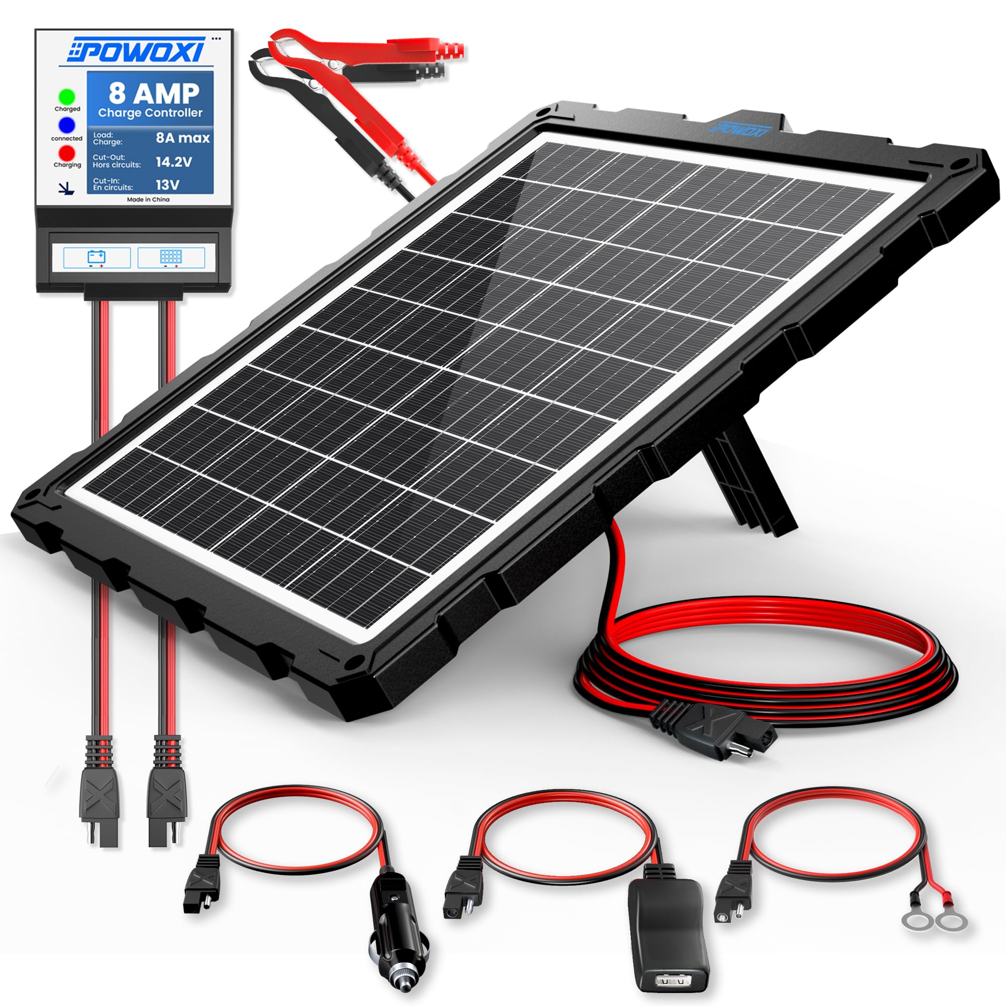 POWOXI-Upgraded-20W-Solar-Battery-Charger-Maintainer, External Smart 3-Stages PWM Charge Controller, 12V Solar Panel Trickle Charging Kit for Car, Marine, Motorcycle, RV, etc