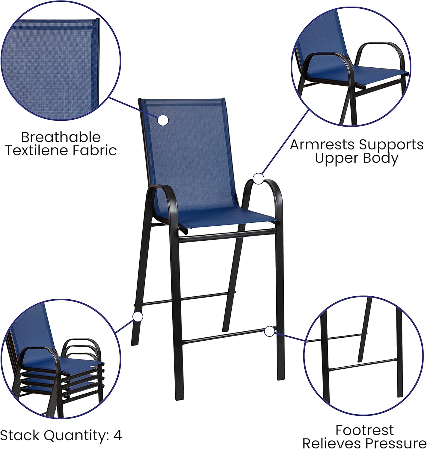 EMMA + OLIVER 5 Piece Bar Table Set - Black/Navy Glass Bar Table with 4 Patio Bar Stools