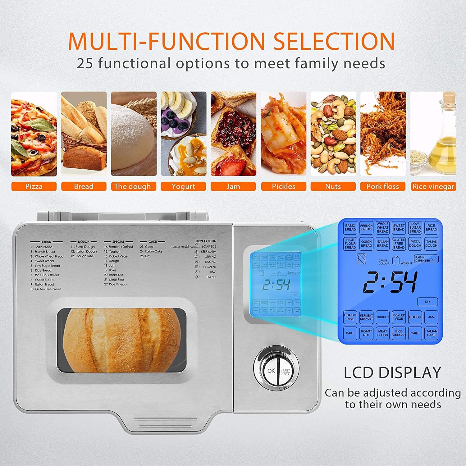 Macchina per il pane 550W, Macchina per il pane in acciaio inossidabile con 25 programmi di cottura, 3 stampi da forno e 3 gradi di doratura, Argento Macchina per il pane 550W, Macchina per il pane in acciaio inossidabile con 25 programmi di cottura, 3 stampi da forno e 3 gradi di doratura, Argento