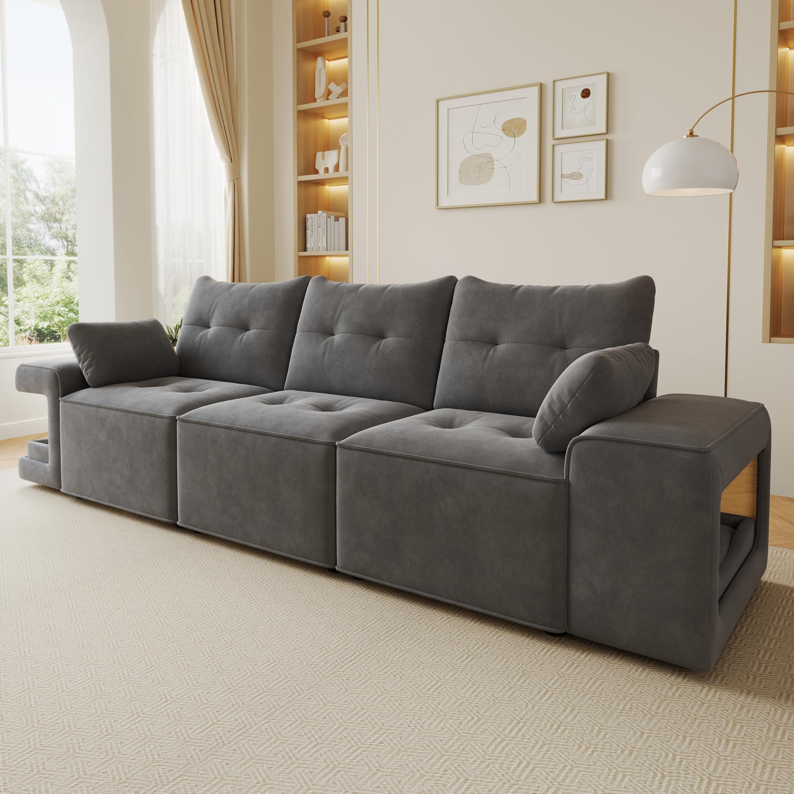 Moimhear Divano modulare moderno a 3 posti, braccioli larghi, contenitore (grigio)