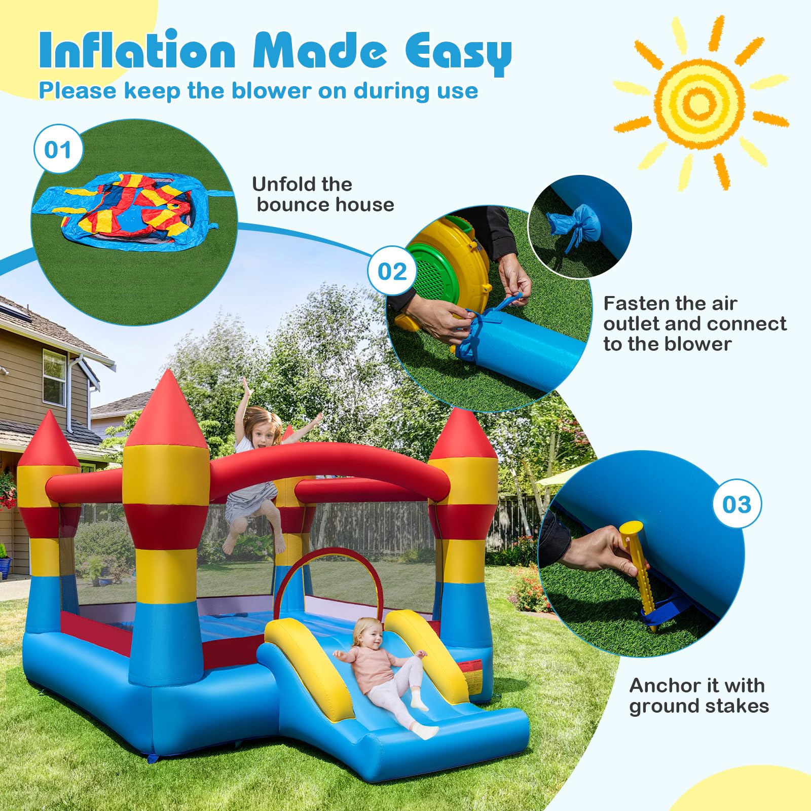 FANTASK Hüpfburg mit Rutsche, Kinder Springburg mit großem Sprungbereich inkl. Tragetasche & Reparaturset, für Indoor & Outdoor, 370 x 280 x 230 cm