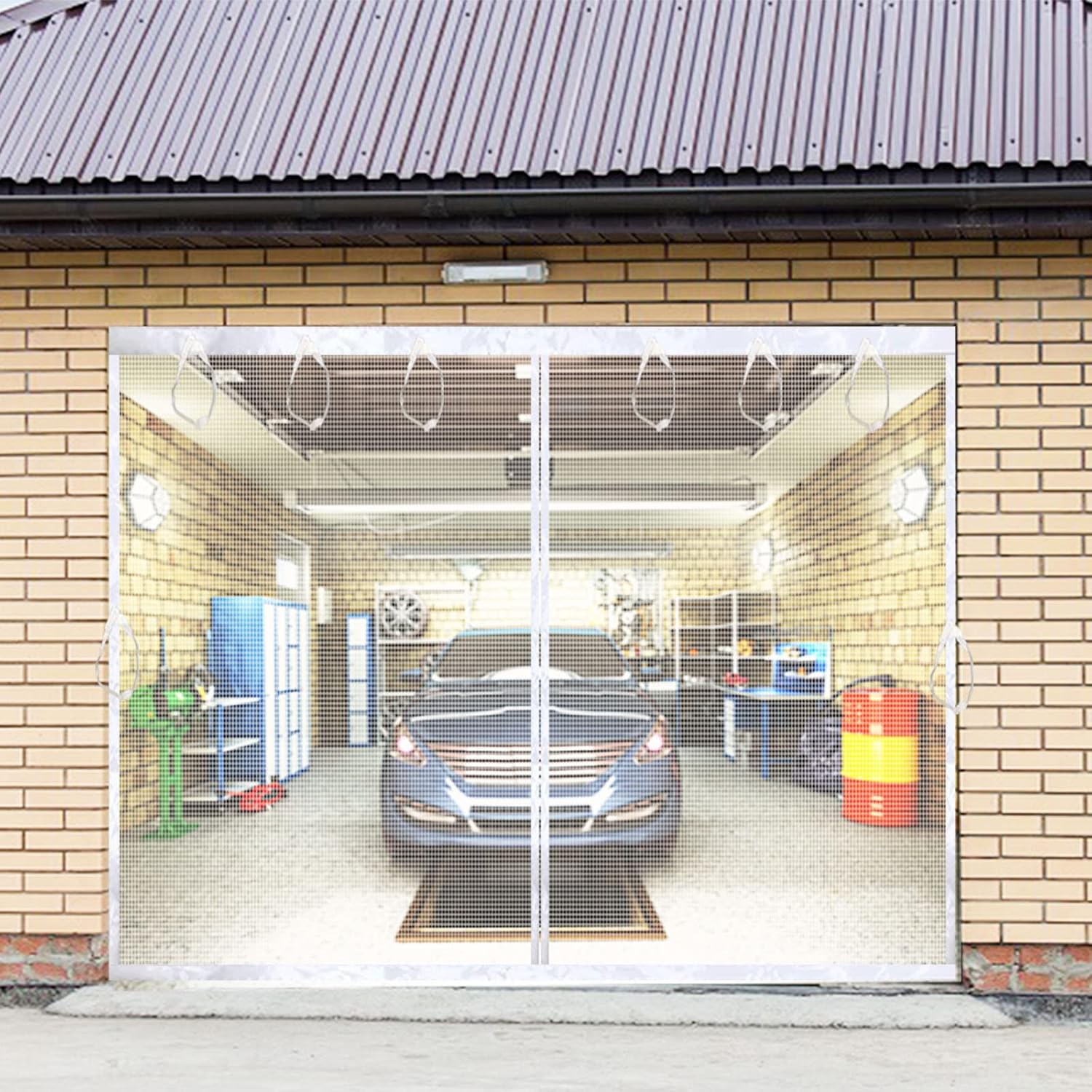 Magnetic Garage Door Screen Kit 13FT ~17FT (W) - Retractable White Mesh Net Screen Door with Fiberglass Mesh for 1 or 2 Car Garage, Blocks Bugs & Provides Privacy (White, 16x8ft)