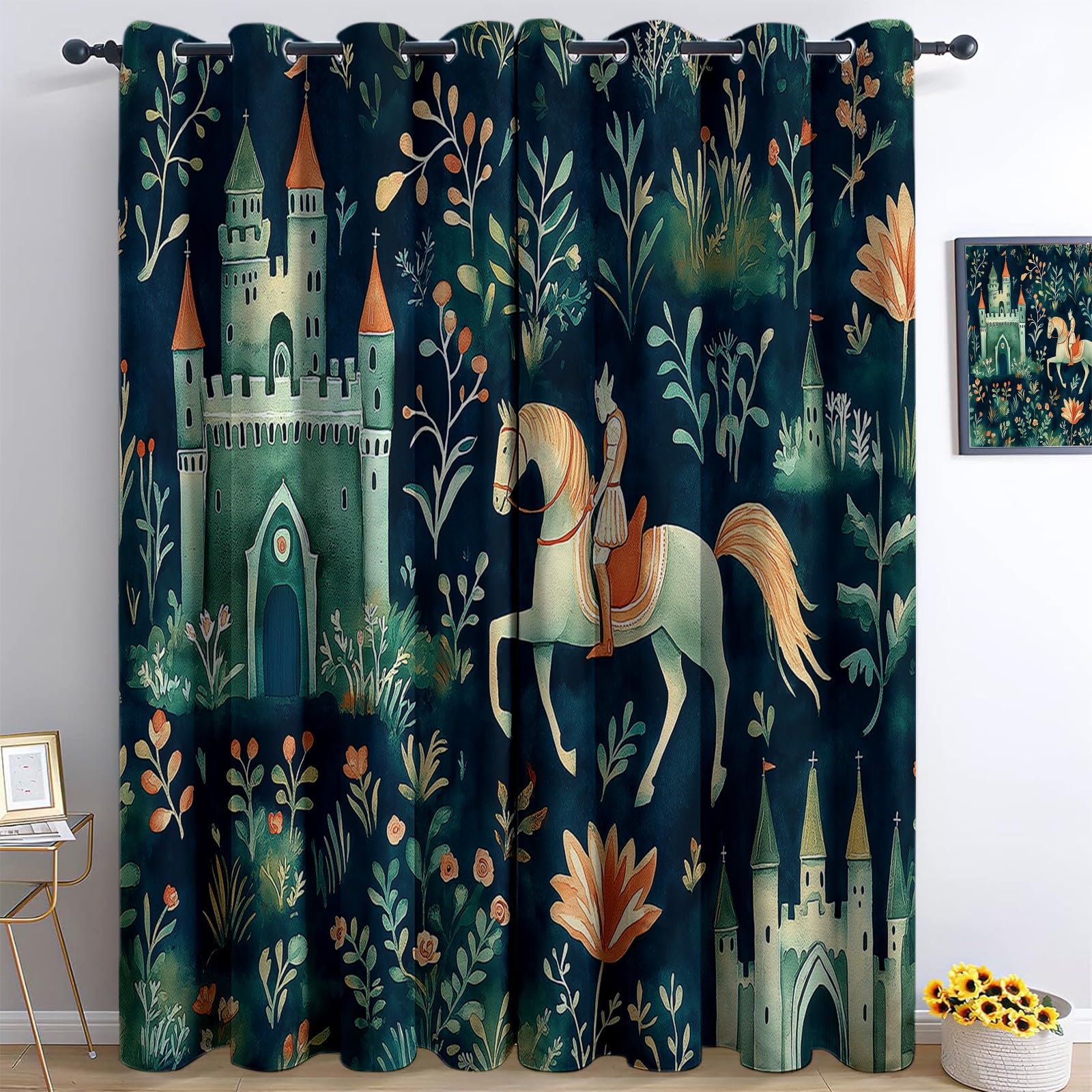 Générique Rideau Occultant Aquarelle Château Chevalier Cheval Rideaux Oeillet Polyester 3D Chambre Rideau Thermique Isolant Anti Froid Vert Foncé Rideau Chambre Enfant 85 x 200 cm 2 Panneaux