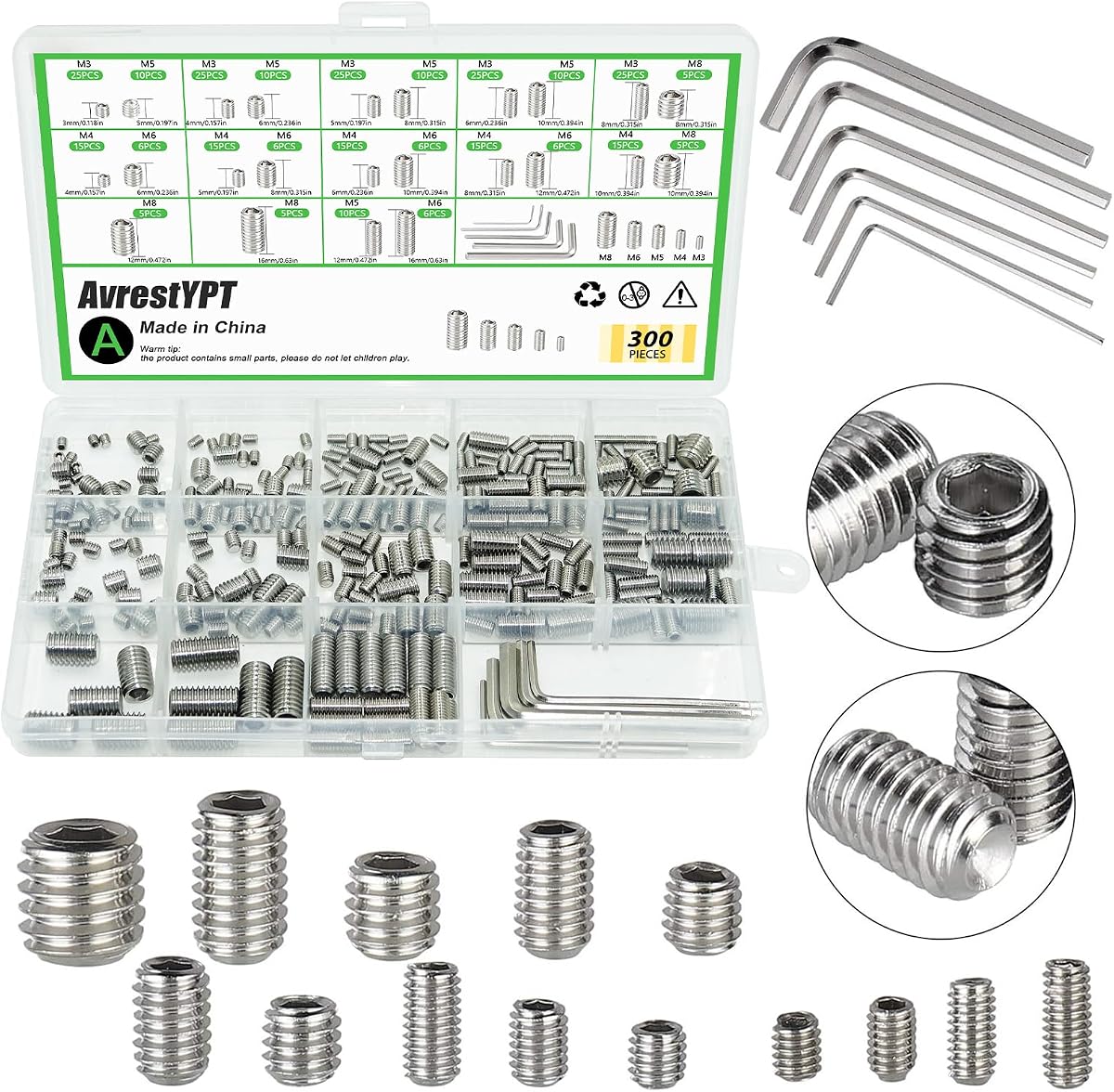 300 Pcs Set Screws, M3 M4 M5 M6 M8 Screws Assortment Kit,Allen Head Screws | Metric & SAE Allen Set Screw Assortment for Bathroom Fixtures, Door Knobs, Faucets and Plumbing Fixtures