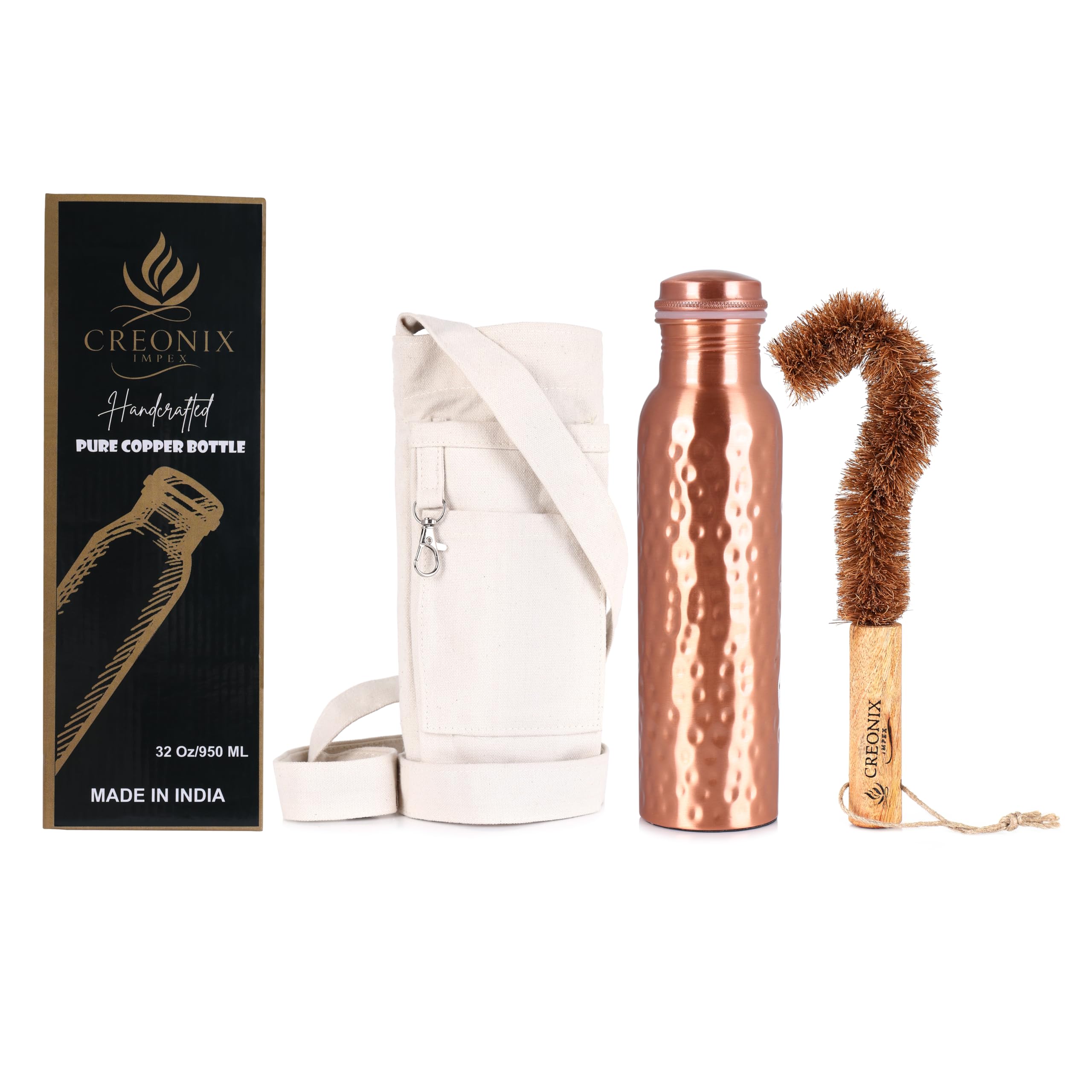 View 1 of 100% Pure Copper Water Bottle (32 oz/ 950ml) With Ayurvedic Benefits, Travel-Friendly Design Leak Proof Pure Copper Hammered Water Bottle For Drinking, Comes With Canvas Carry Bag & Cleaning Brush