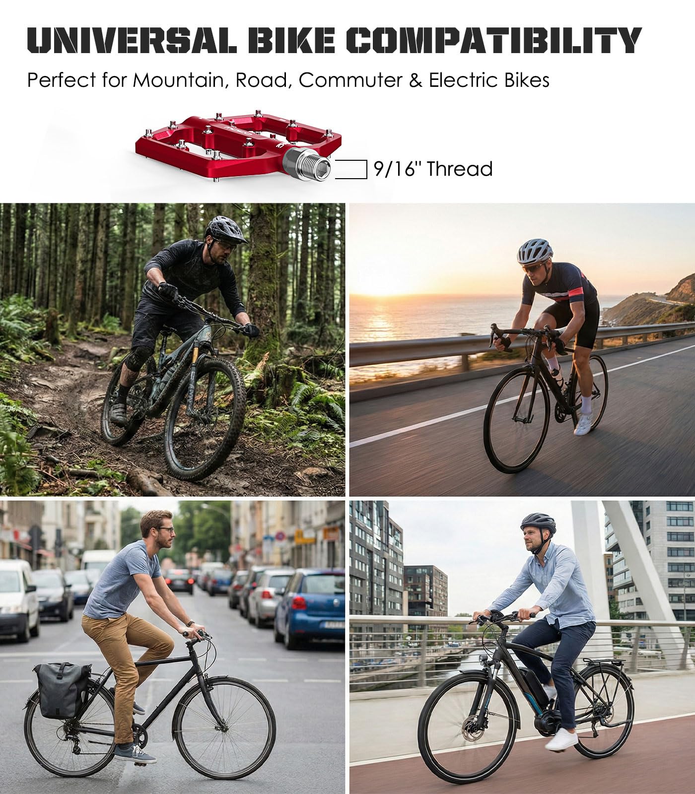 MoKo Pedali per Mountain Bike 2 Pezzi, Pedali per Bici in Alluminio Lavorati a CNC con 3 Cuscinetti Sigillati, 24 Perni Antiscivolo, Facili da Installare, per Biciclette da Strada, BMX, E-Bike
