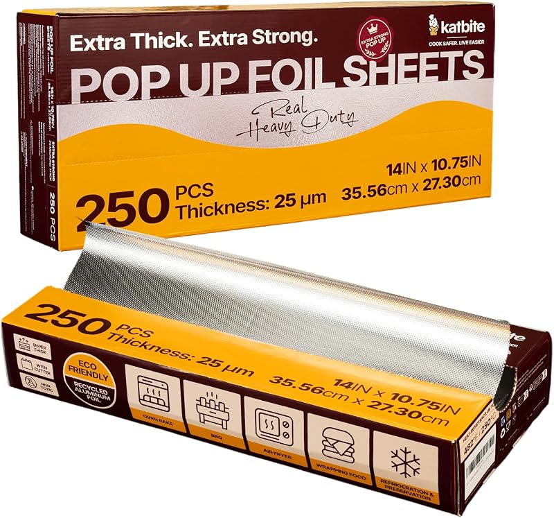 Hojas emergentes de papel de aluminio, 250 unidades, 14 x 10,75 pulgadas, 25 micras | Envoltorios de papel de aluminio precortados de alta resistencia para cocinar, hornear, asar a la parrilla, catering, servicio de delicatessen, sándwiches y burritos.