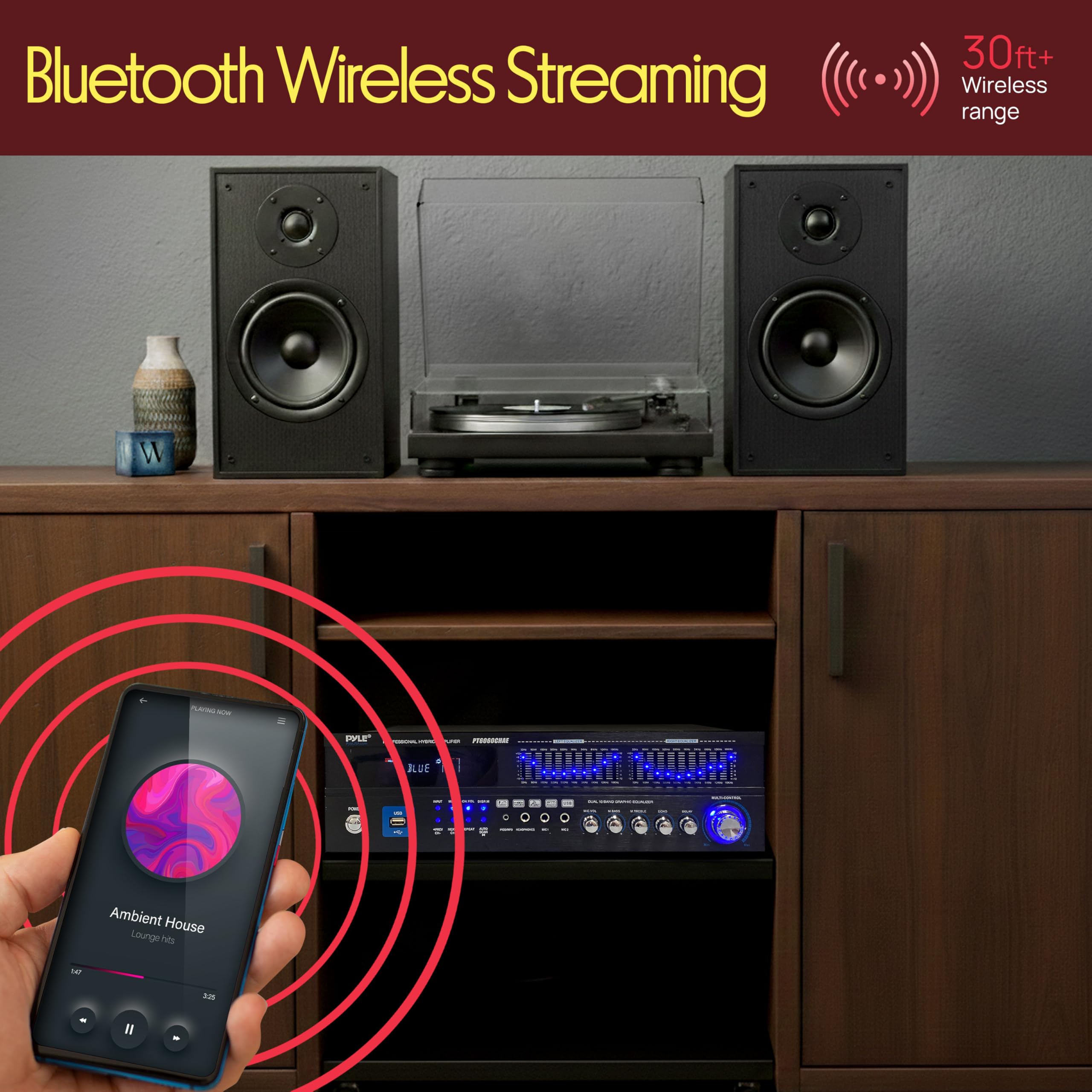 Pyle PT6060CHAE - Amplificatore domestico ibrido Bluetooth a 6 canali, 2000 W, montaggio su rack stereo, ricevitore con radio, USB/AUX/RCA/microfono, ottico/coassiale, ingressi AC-3, DVD,
