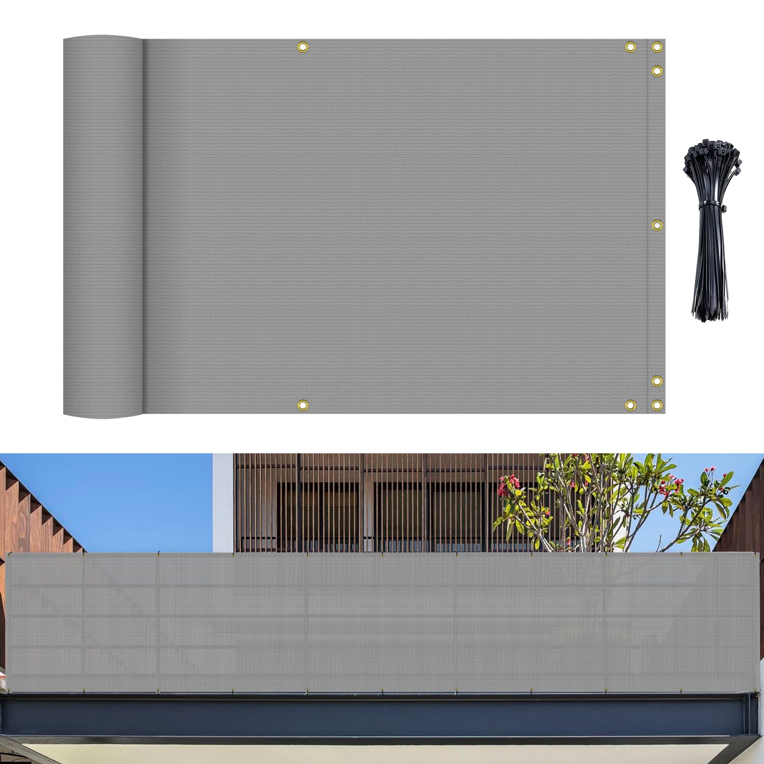 Bynbbur 2.5' x 10' Grey Balcony Privacy Screen Apartment Deck Railing, Mesh Fencing Cover Lattice Panels for Outside, UV Block Shade Cloth with Grommets