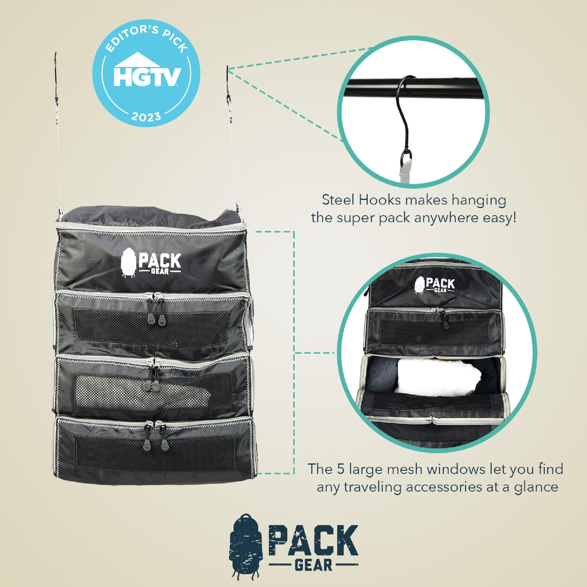 Pack Gear Wiszący organizer do bagażu podręcznego, dopasowany do każdej walizki kabinowej, kostki podróżne z siateczkowymi okienkami ułatwiającymi odnajdywanie ubrań, czarny, rozmiar M