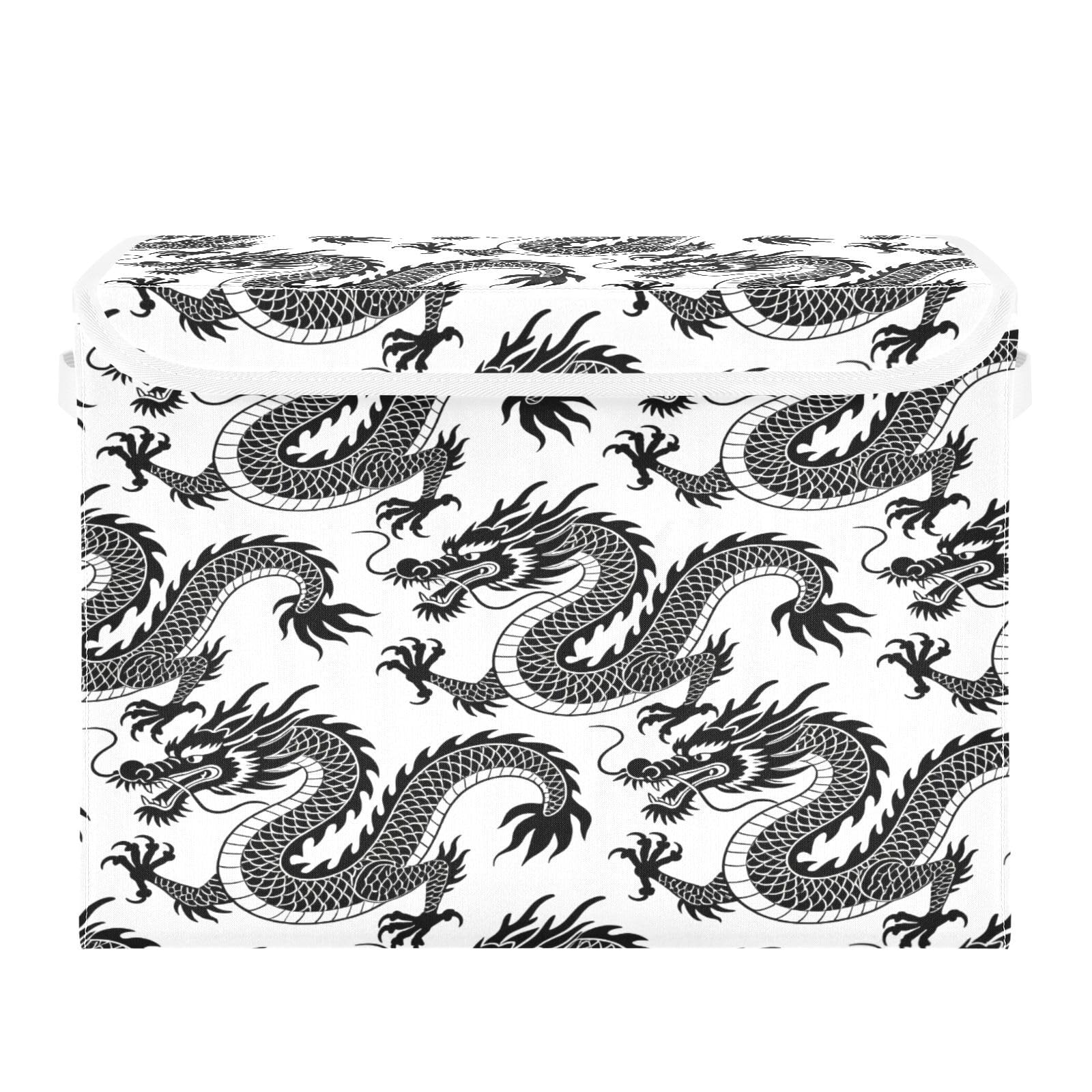 Ewusp Dragon Fabric Storage Bin with Lid, Decorative Foldable Storage Basket with Handles, Stackable Closet Shelf Organiser Box for Clothes, Books, Bedroom, Living Room