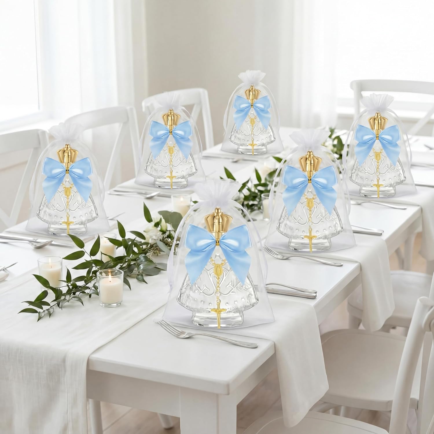 Chuangdi 24 Pcs 12 Sets Holy Water Bottles Baptism Favors for Guest Holy Water Container with Cross Rosary Organza Bag Bow 50ml Glass Empty Container for Communion Christian Wedding (Fresh,Blue)