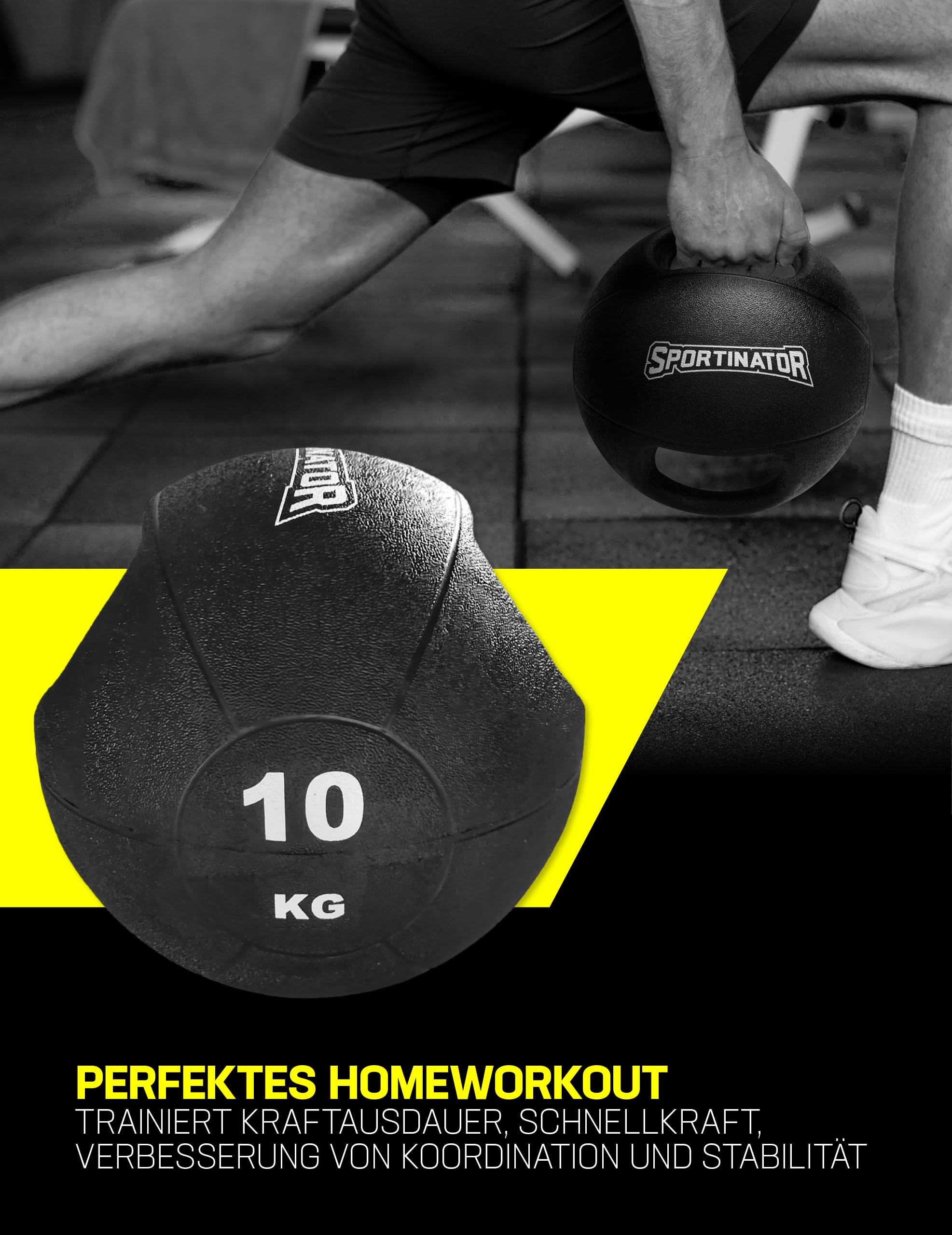 SPORTINATOR® Trainings Medizinball mit integrierten Griffen, mit Gewichtsangabe auf dem Ball, ideal für Kraft- und Konditionstraining | Gewicht von 3 kg bis 10 kg