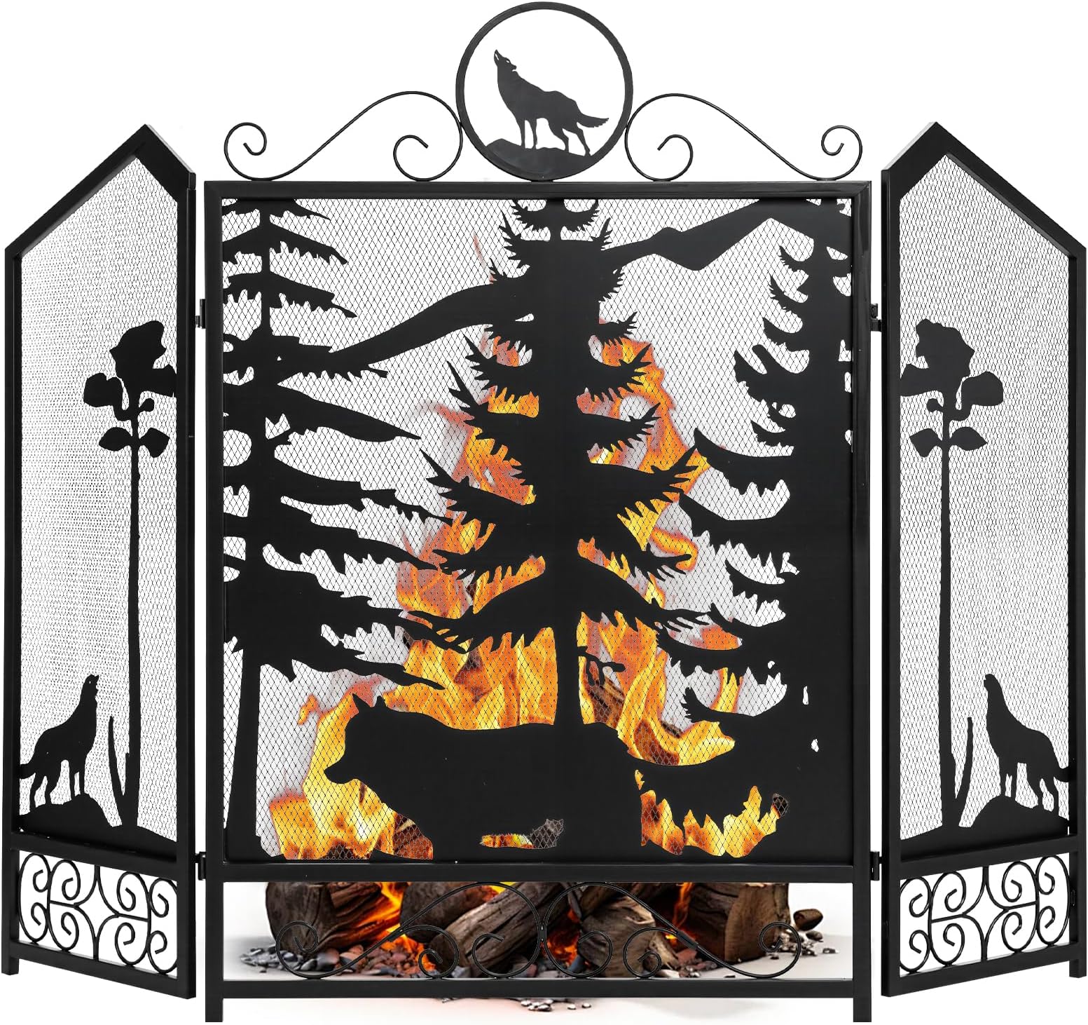 WICHEMI Fireplace Screen 3 Panel Fireplace Screens for Fireplace 44 x 33.5 Inch Metal Fireguards Mesh Cover Baby Safe Proof Fence Spark Guard Cover Wrought Iron Fire Place Standing Gate (Style 5)