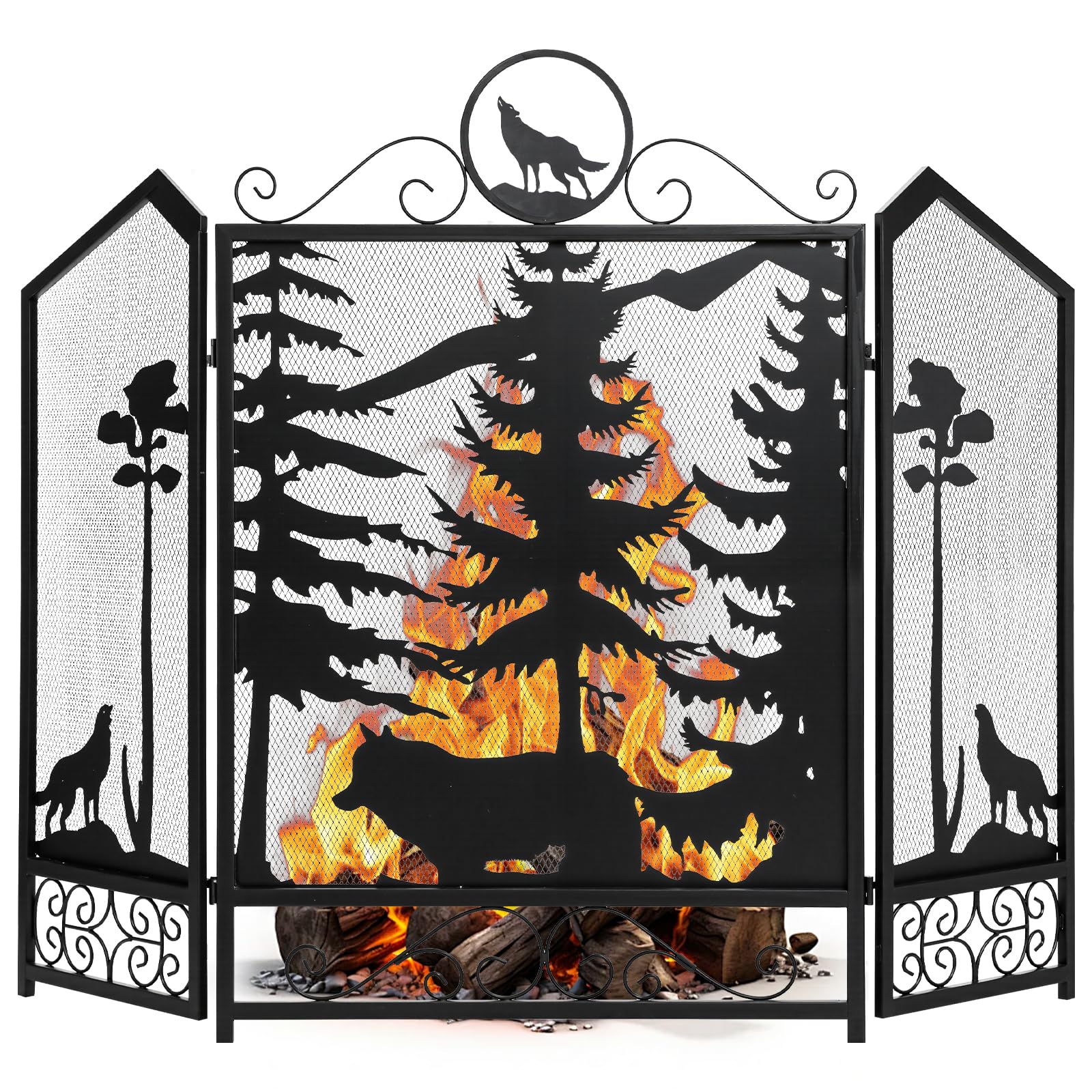 WICHEMI Fireplace Screen 3 Panel Fireplace Screens for Fireplace 44 x 33.5 Inch Metal Fireguards Mesh Cover Baby Safe Proof Fence Spark Guard Cover Wrought Iron Fire Place Standing Gate (Style 5)
