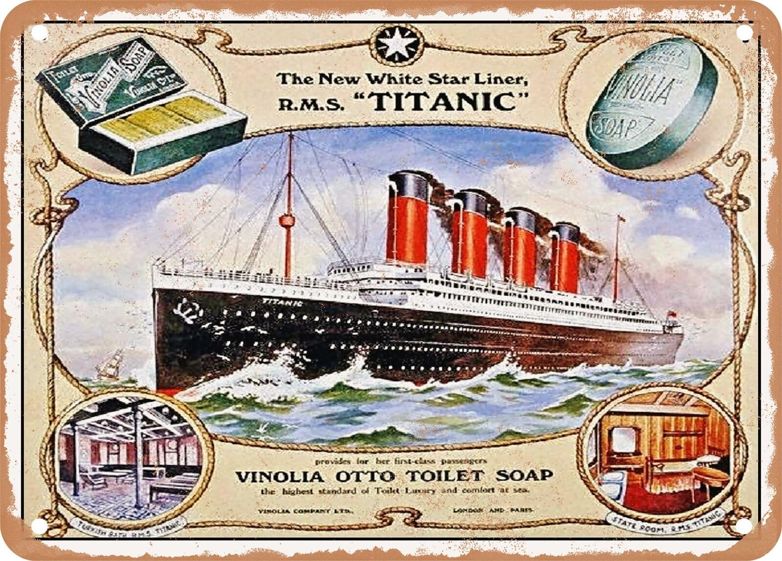 METAL SIGN - 1912 The New White Star Liner RMS Titanic Vinolia Otto Toilet Soap home decor