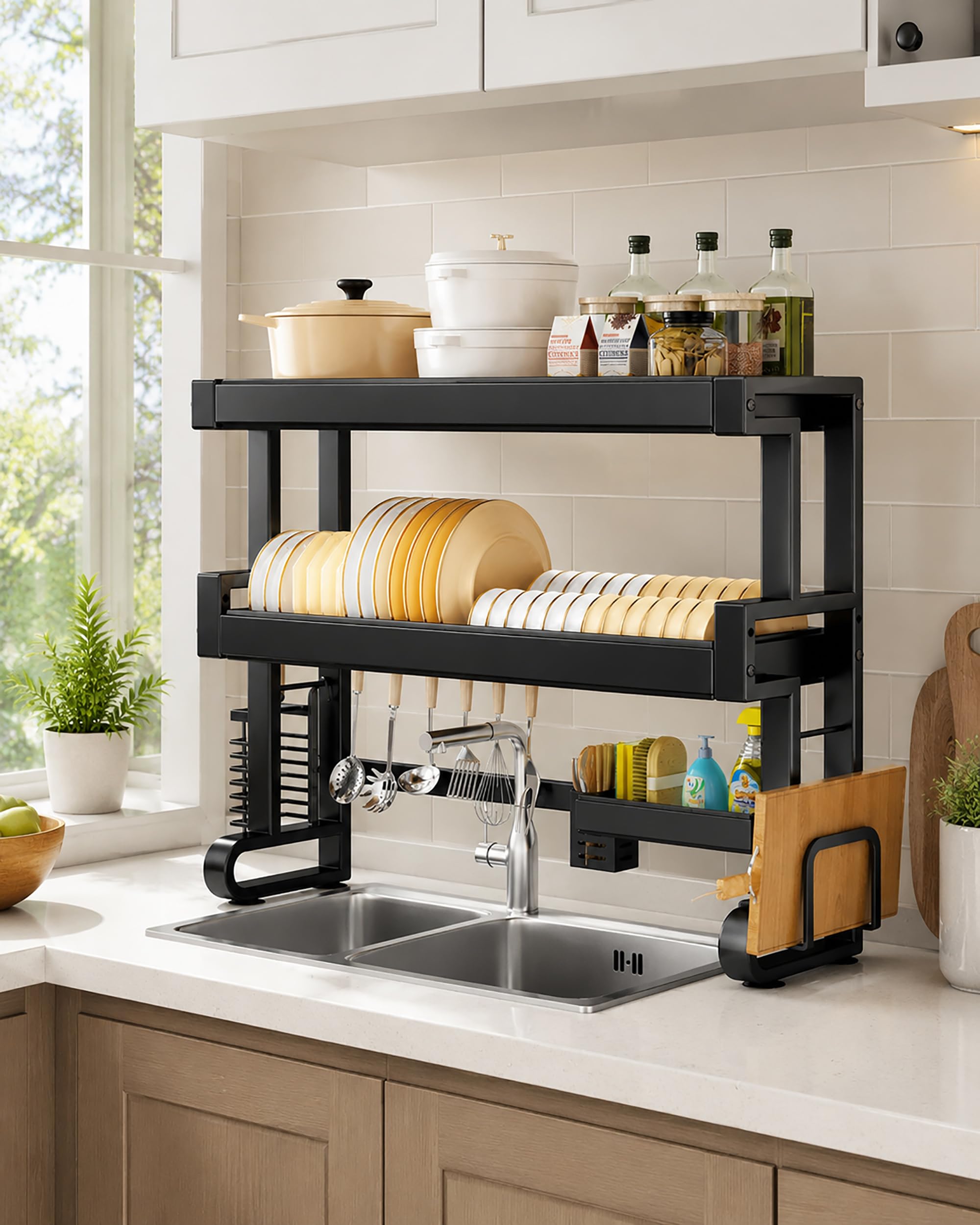 Scolapiatti da sopra Lavello Regolabile a 2 Livelli - Organizzatore Cucina Salvaspazio in Acciaio Carbonio con Drenaggio Automatico, Mobiletto Portapiatti per Piano Lavoro